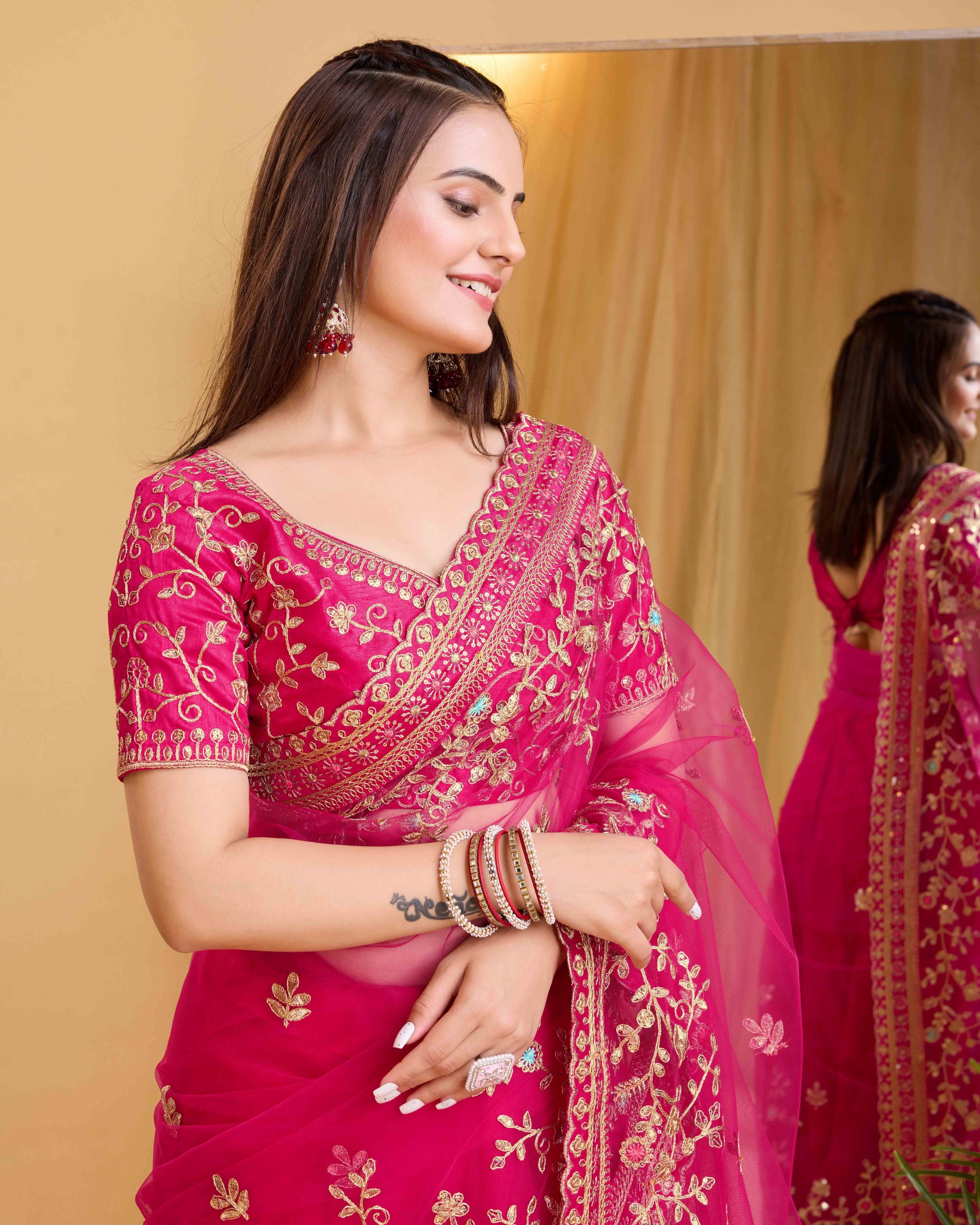 Dark Pink Embroidered Work Saree