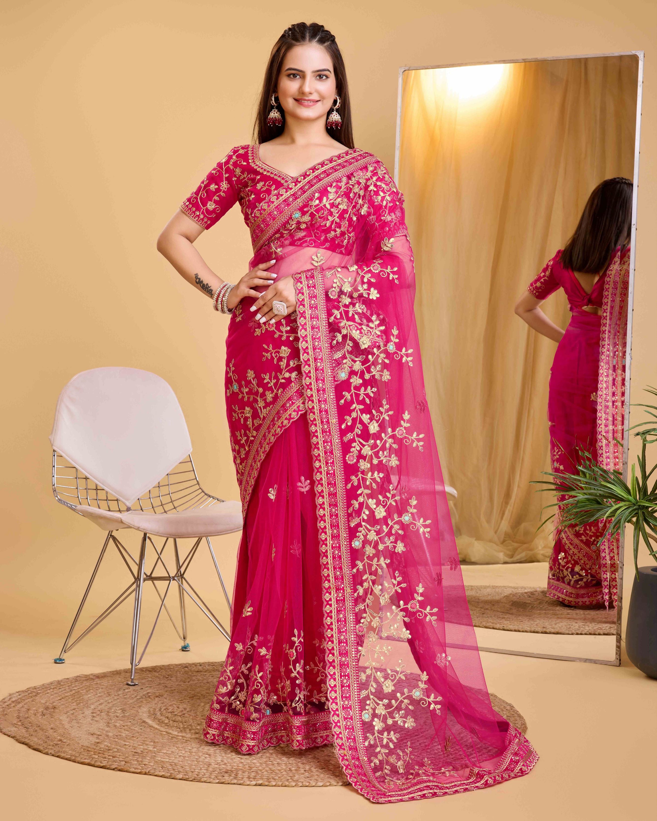 Dark Pink Embroidered Work Saree