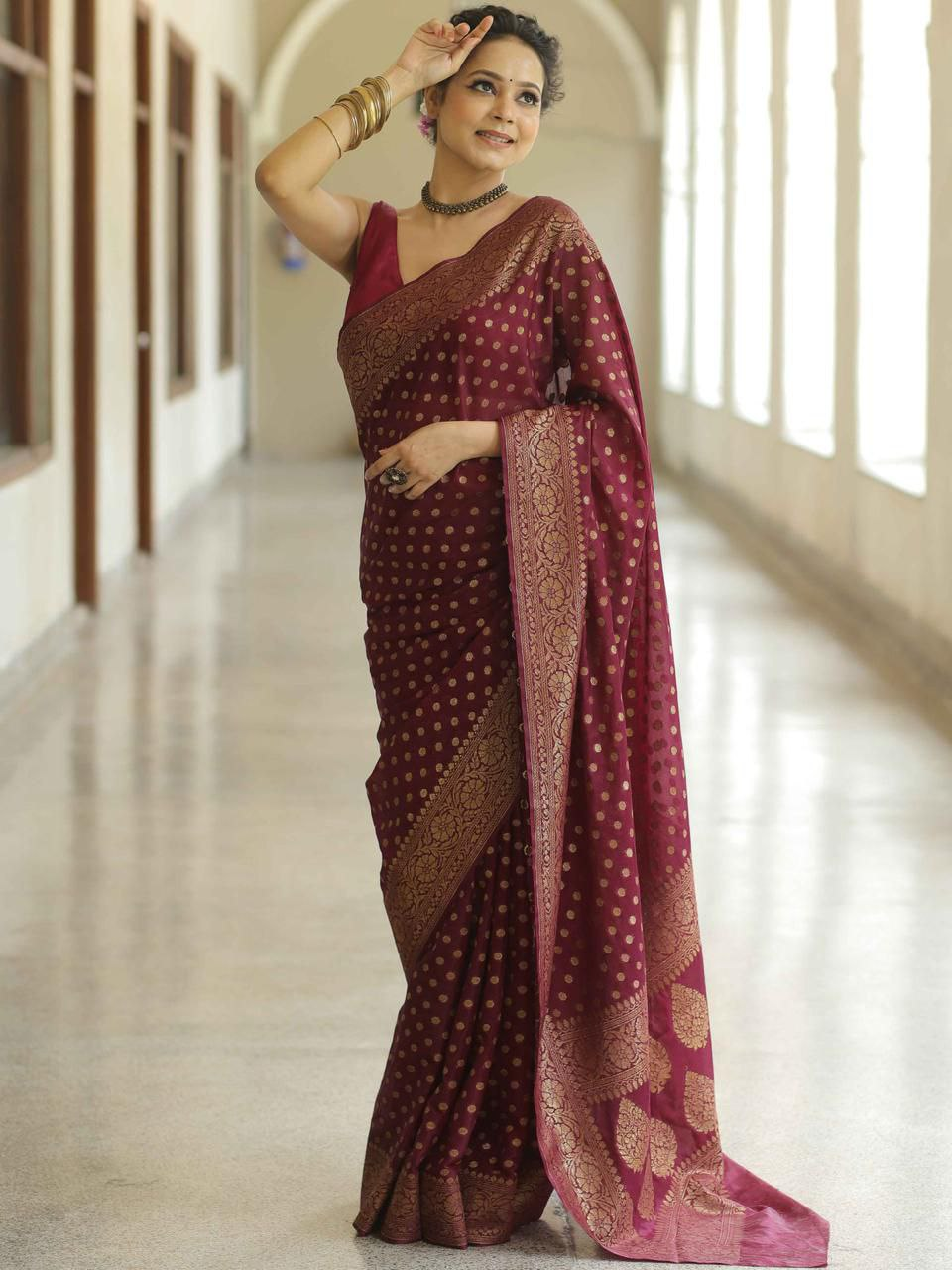 Maroon Zari work Saree