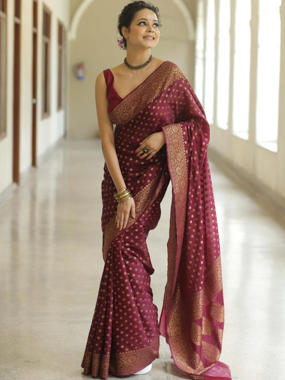 Maroon Zari work Saree