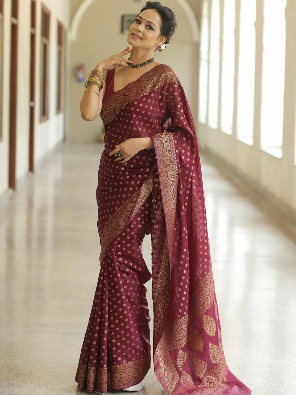 Maroon Zari work Saree