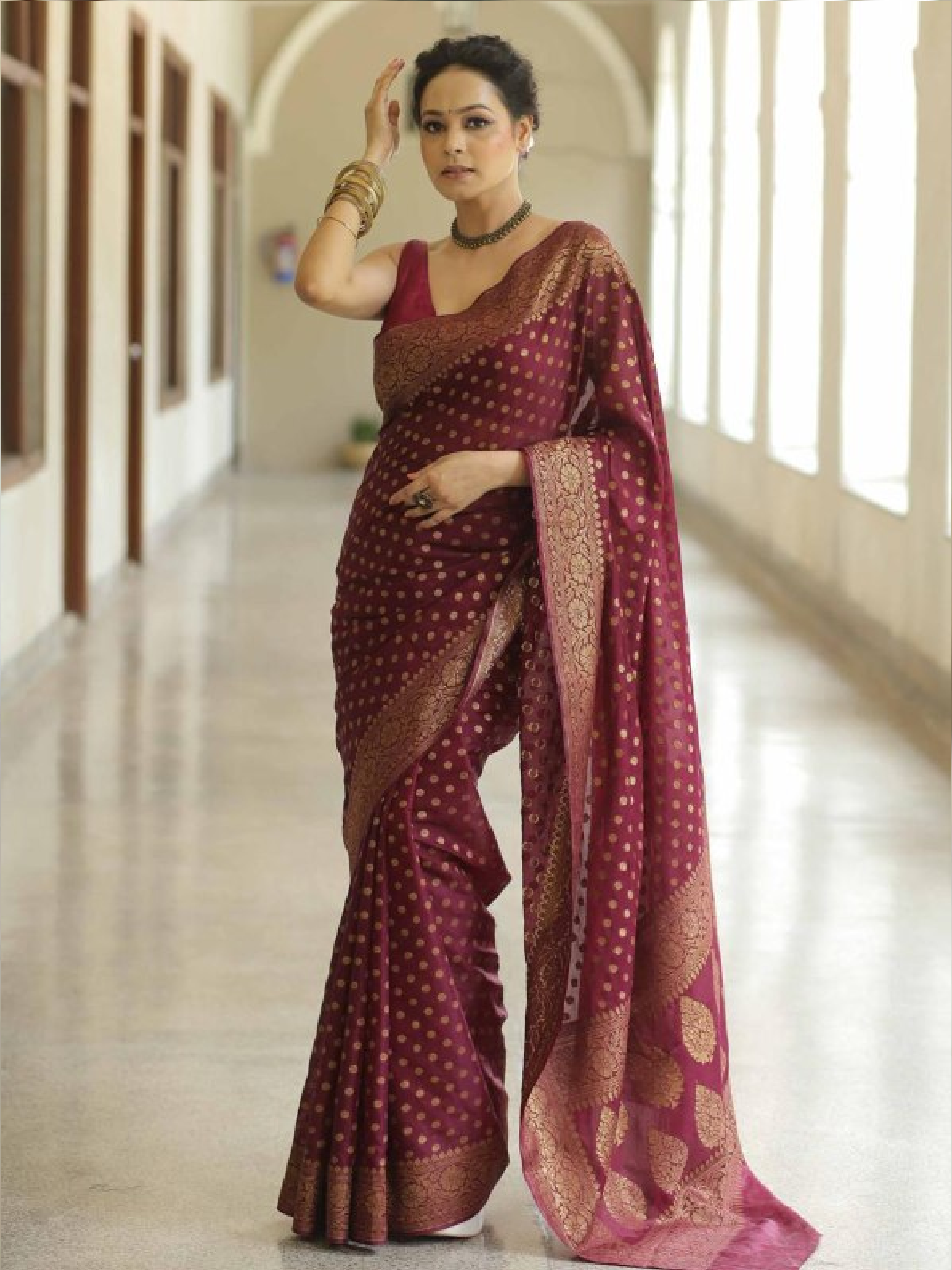 Maroon Zari work Saree