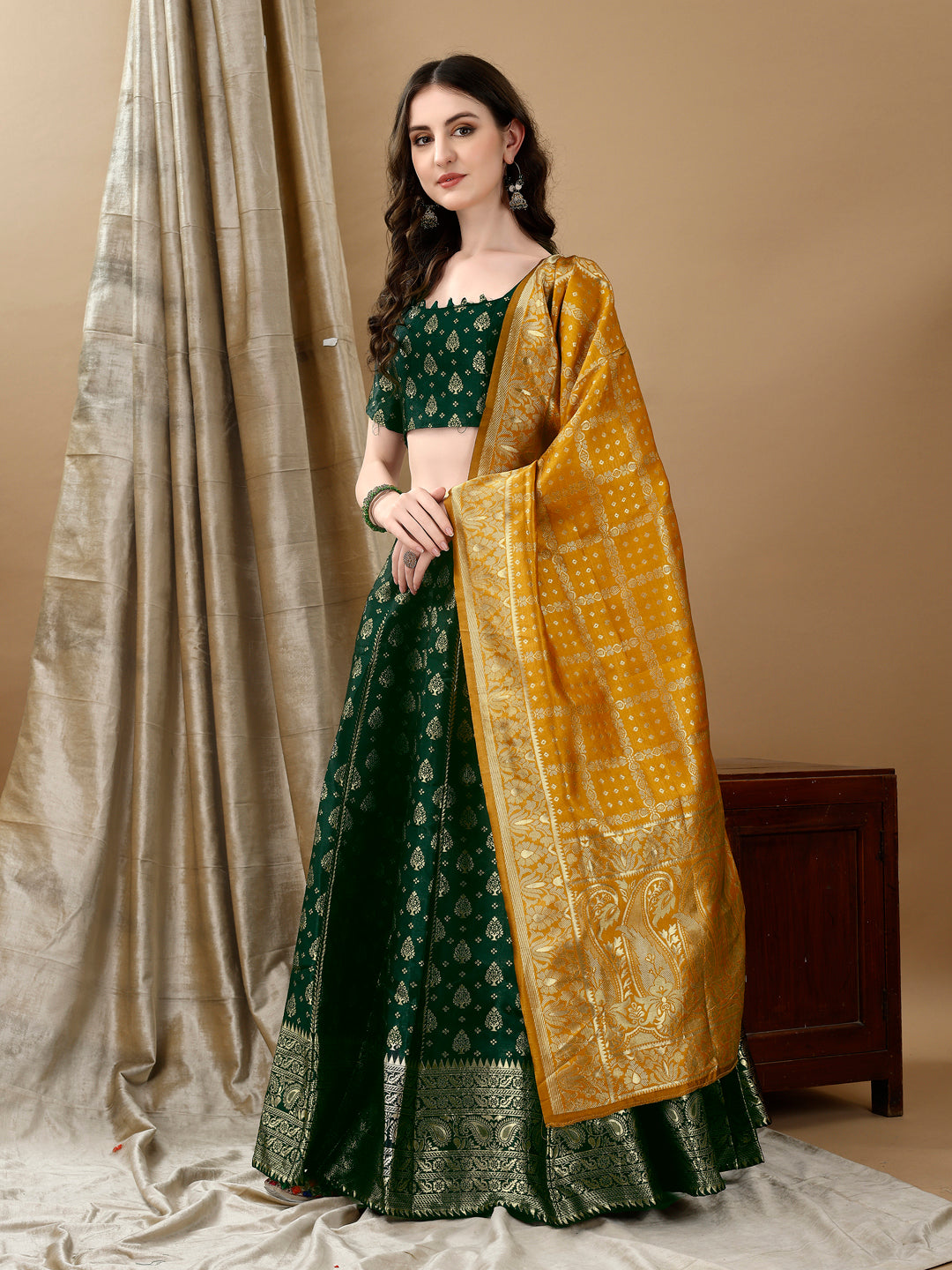 Green Border Buta Banarsi Lehenga with Contrast Dupatta