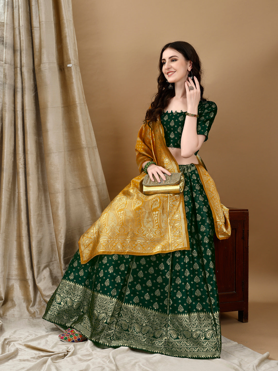 Green Border Buta Banarsi Lehenga with Contrast Dupatta