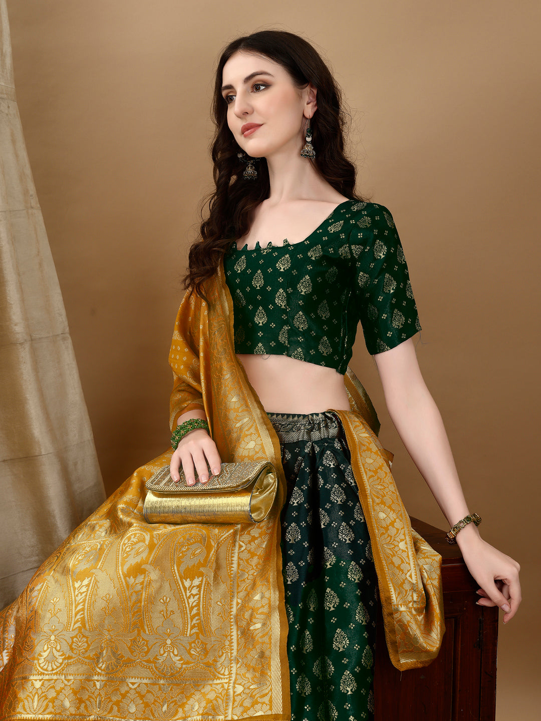Green Border Buta Banarsi Lehenga with Contrast Dupatta