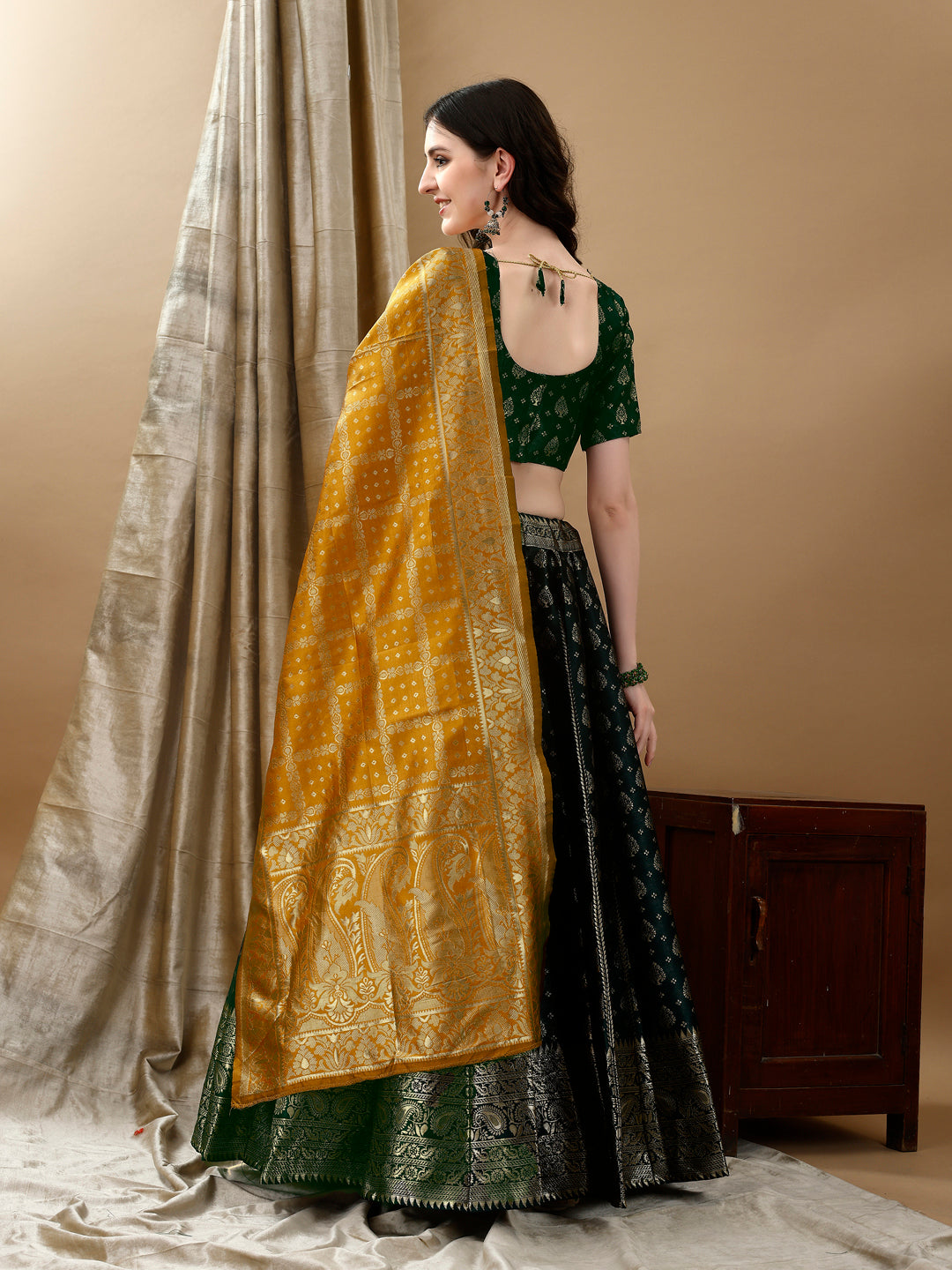 Green Border Buta Banarsi Lehenga with Contrast Dupatta