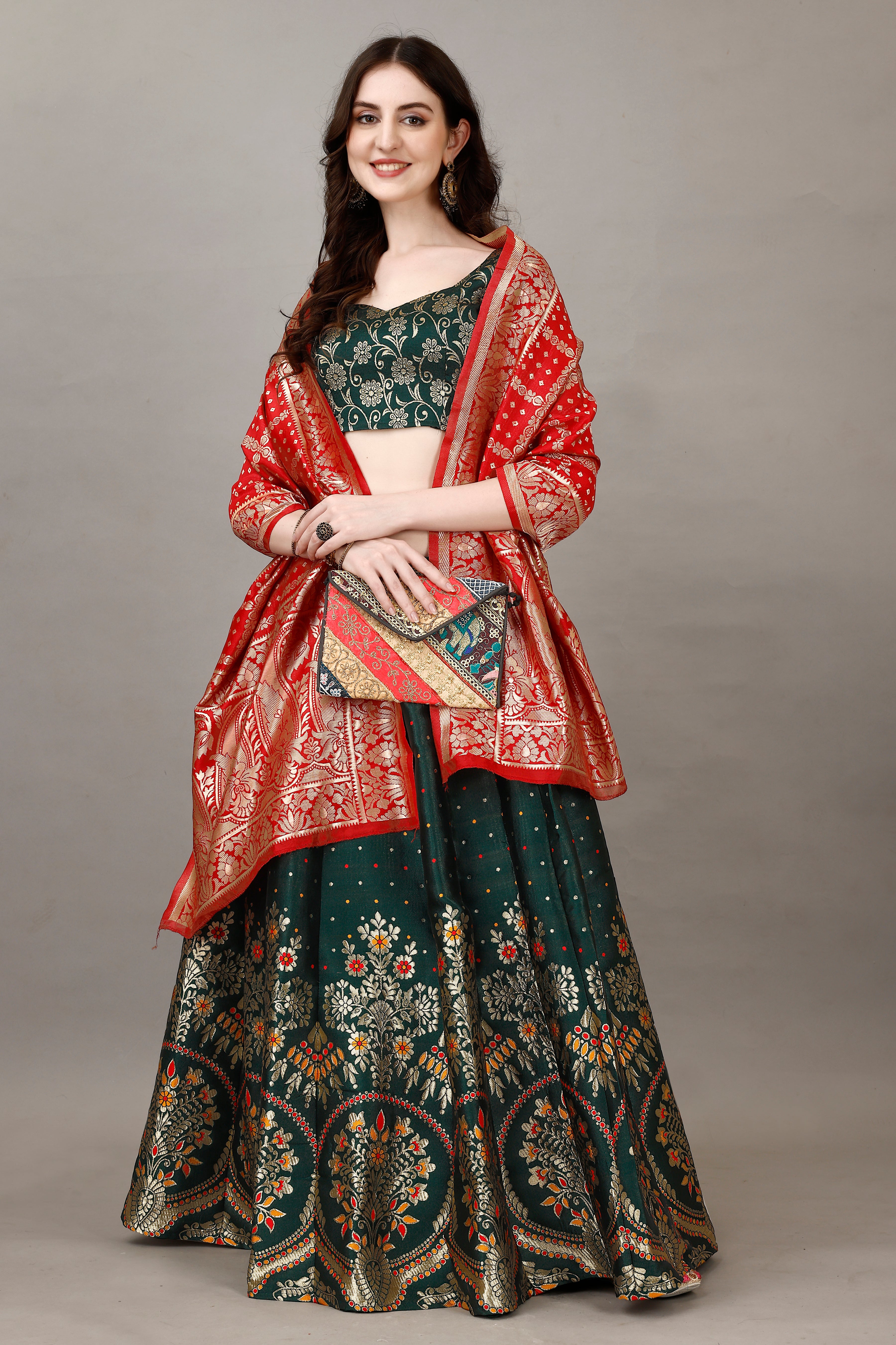 Deep Green Border Buta Banarsi Lehenga with Contrast Dupatta