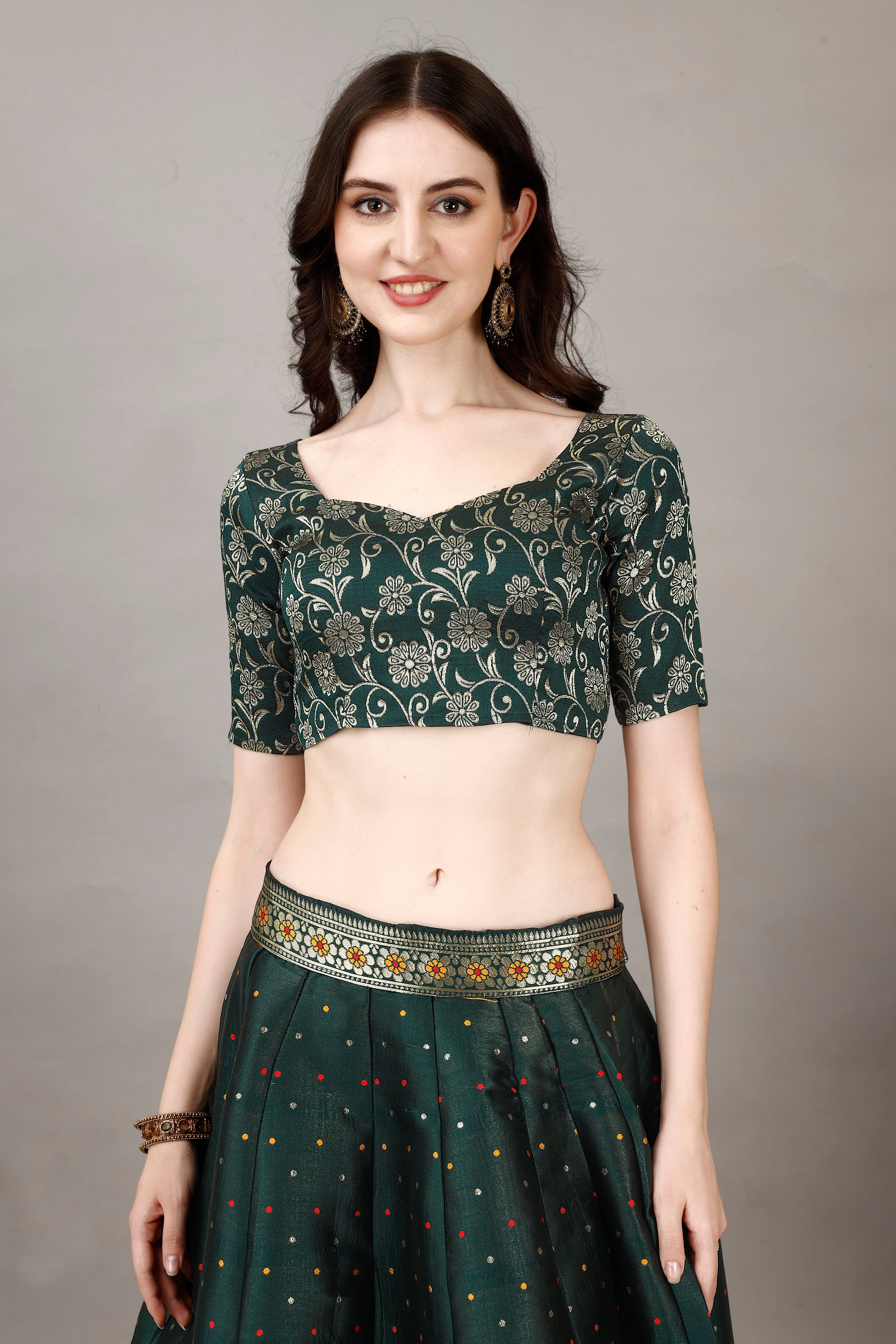 Deep Green Border Buta Banarsi Lehenga with Contrast Dupatta