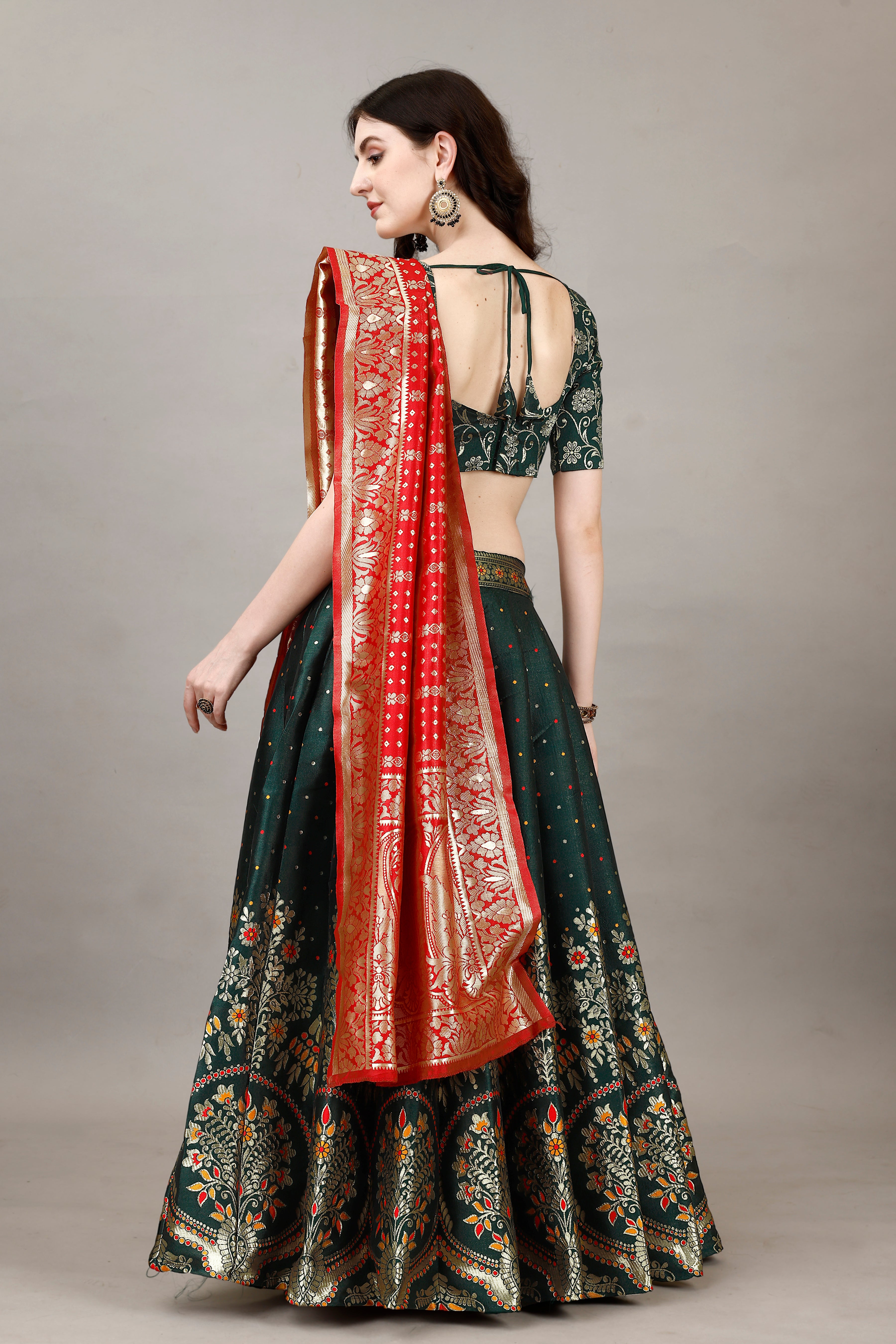 Deep Green Border Buta Banarsi Lehenga with Contrast Dupatta