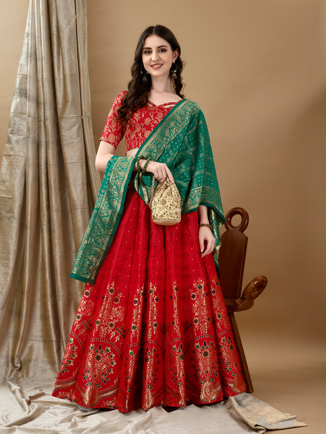 Deep Red Border Buta Banarsi Lehenga with Contrast Dupatta