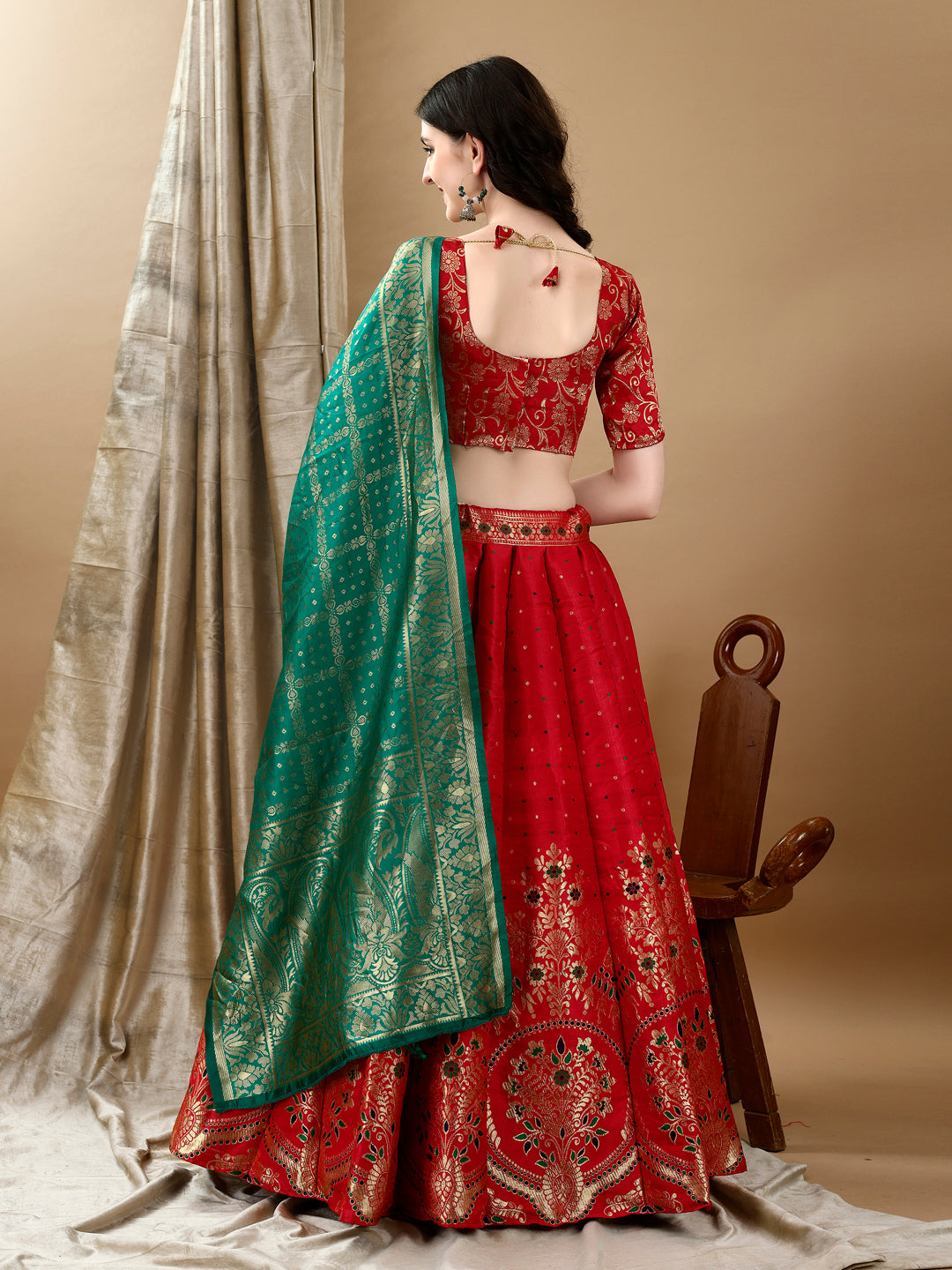 Deep Red Border Buta Banarsi Lehenga with Contrast Dupatta