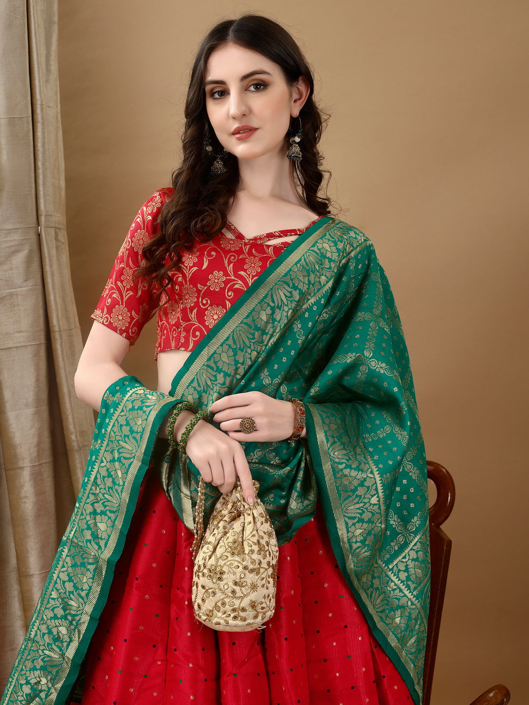Deep Red Border Buta Banarsi Lehenga with Contrast Dupatta