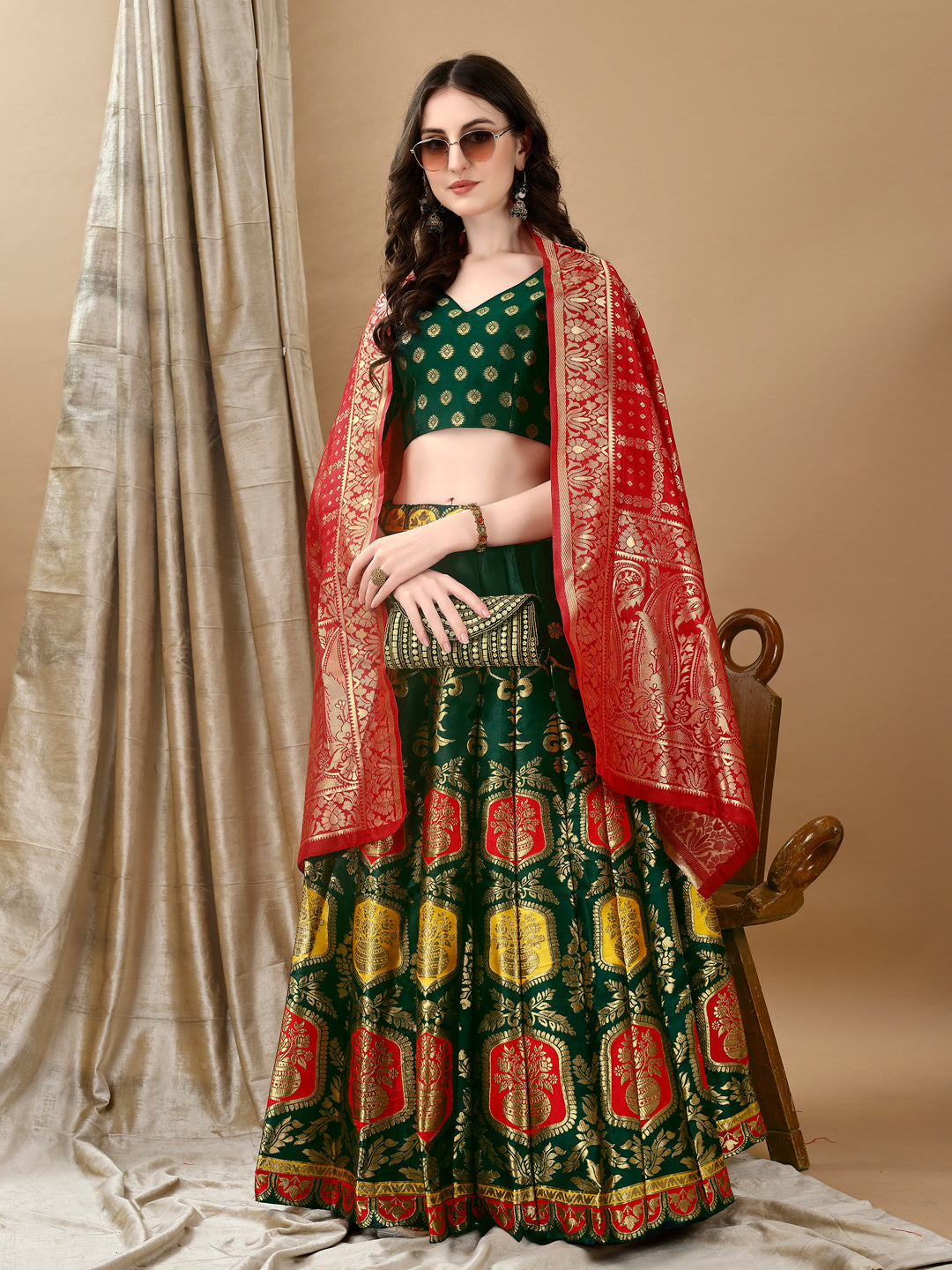 Green Banarsi Lehenga with Bandhej Dupatta