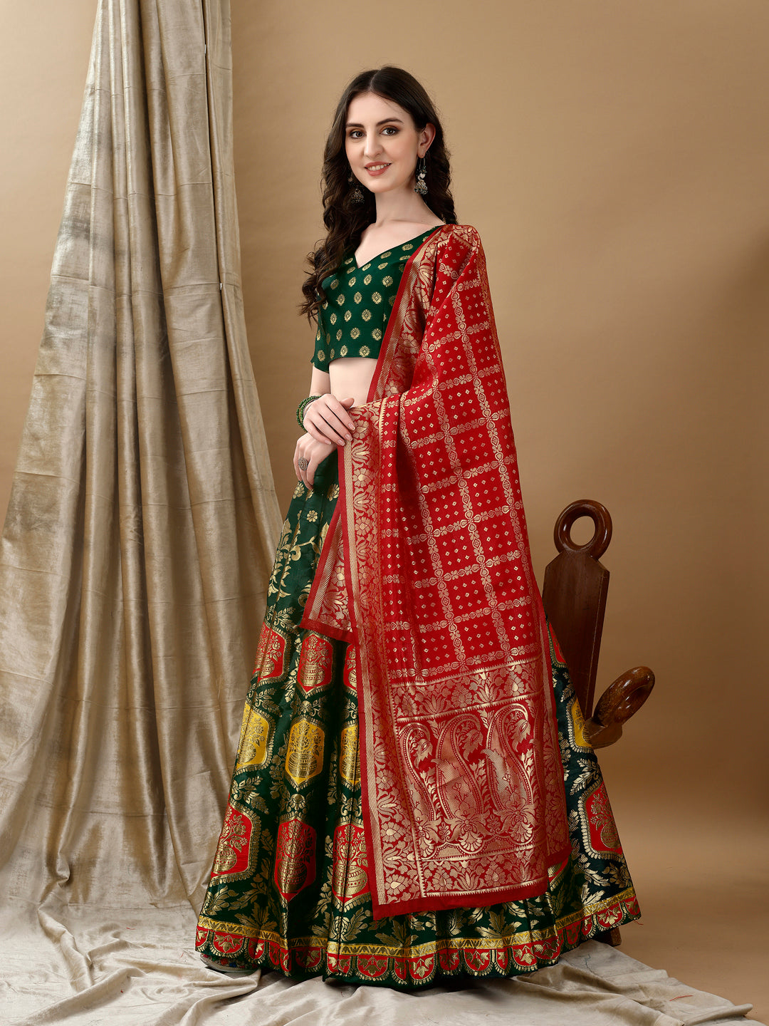 Green Banarsi Lehenga with Bandhej Dupatta
