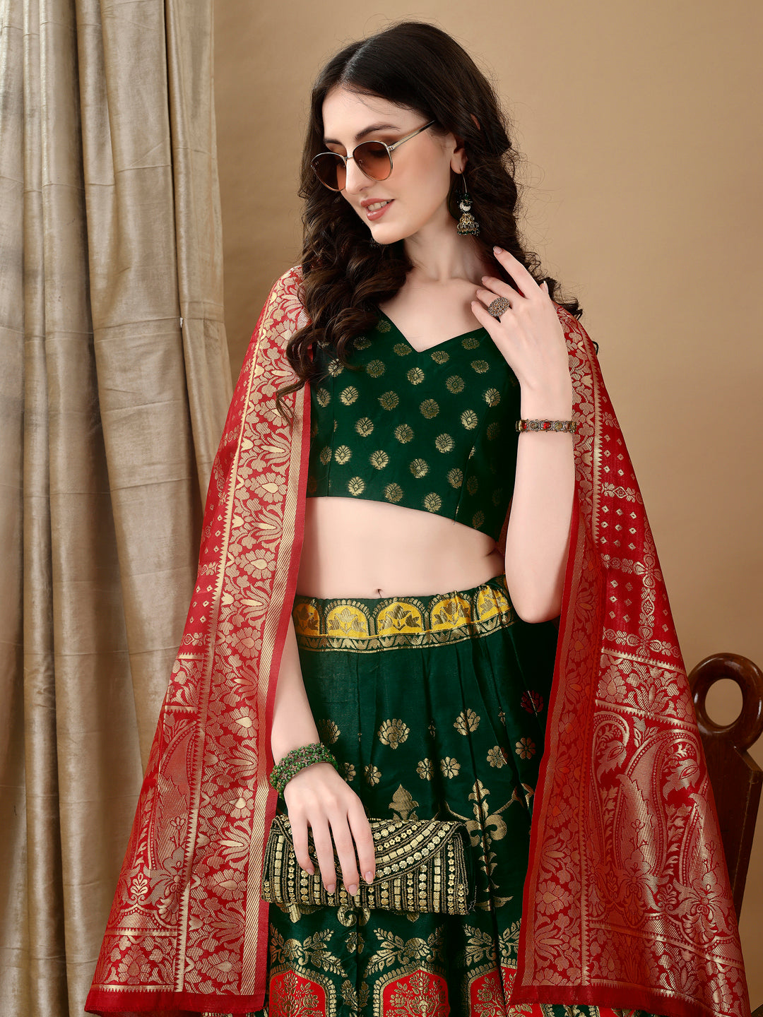 Green Banarsi Lehenga with Bandhej Dupatta