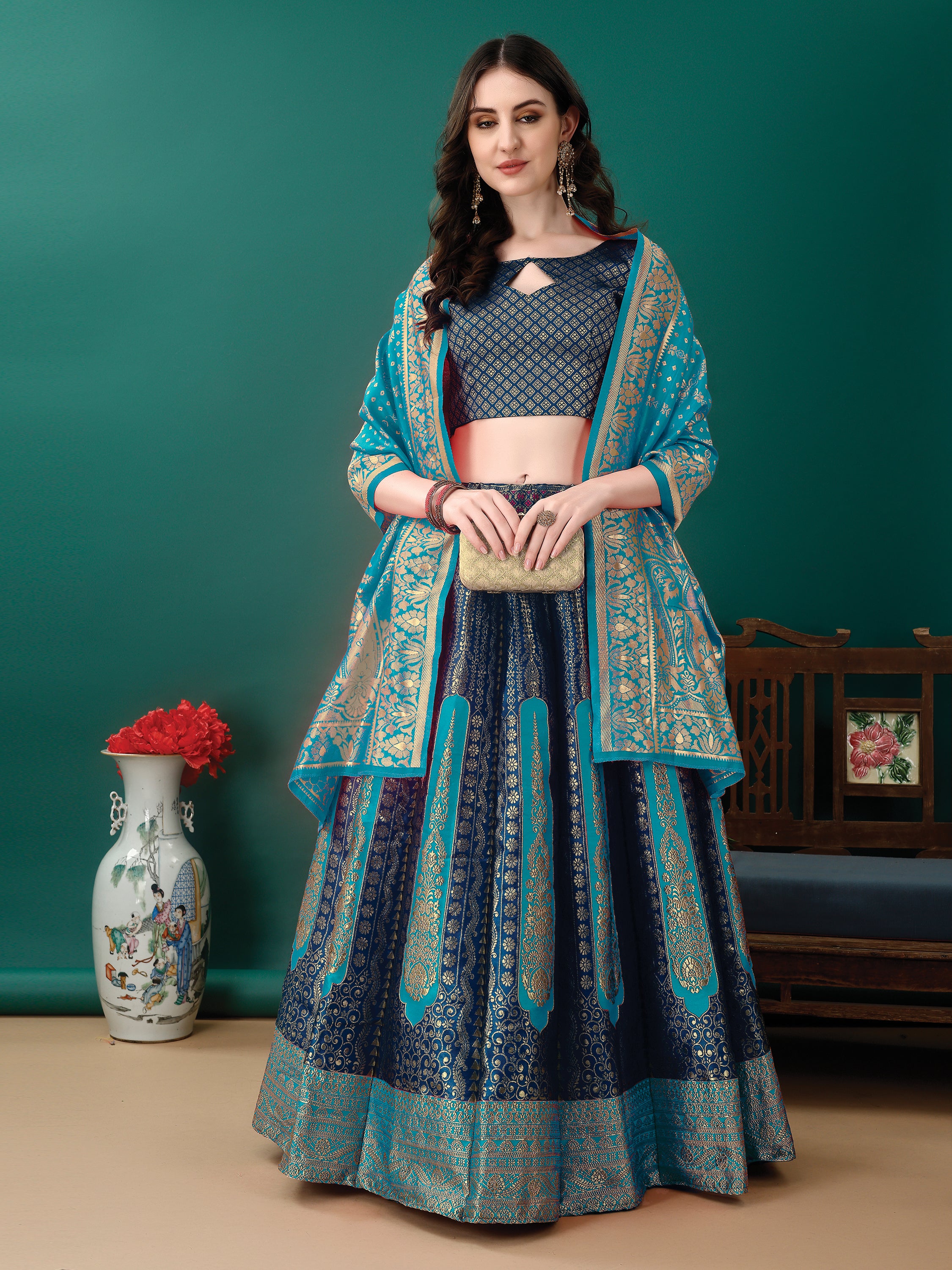 Navy Lehenga With Contrast Border