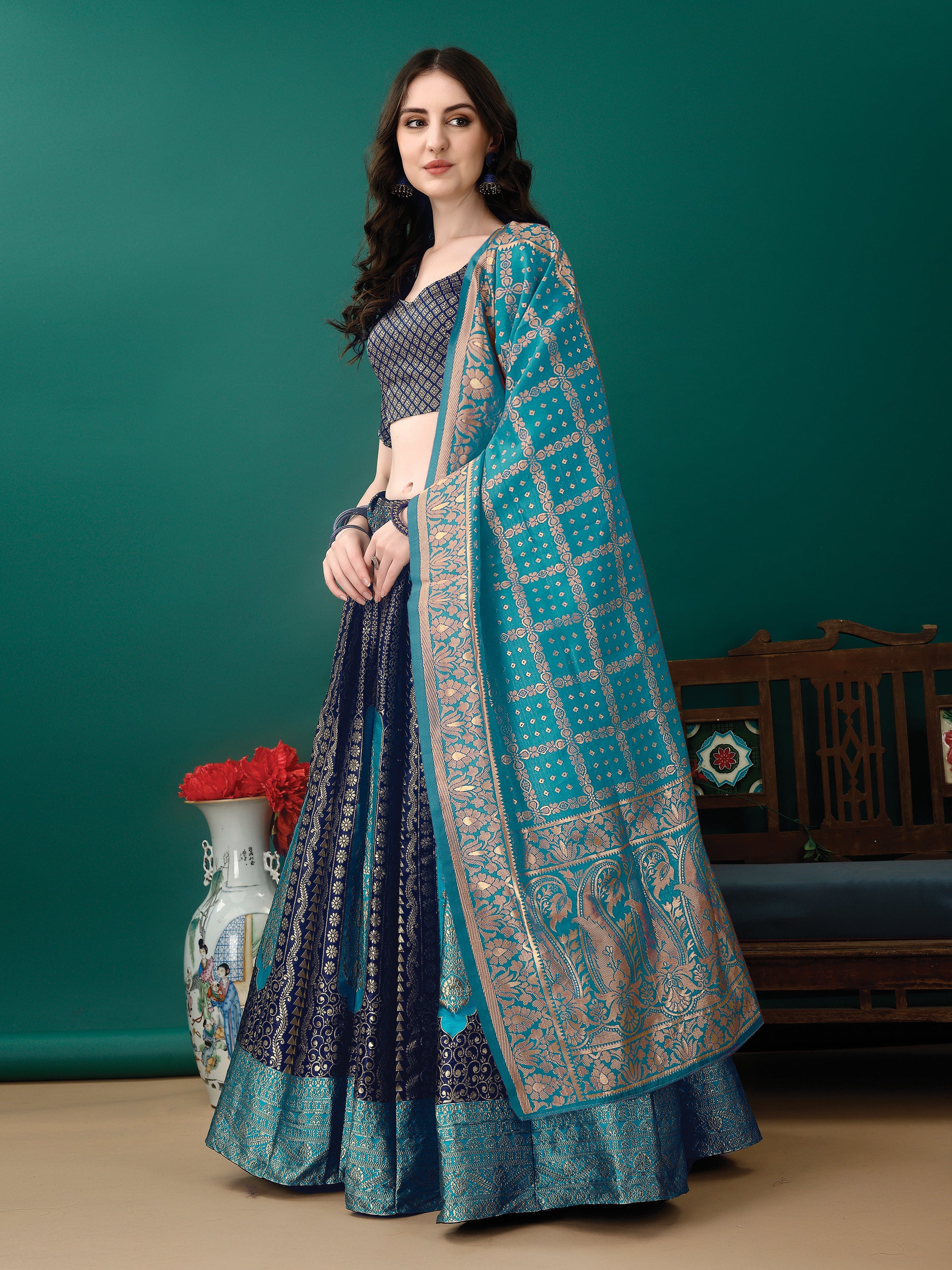 Navy Lehenga With Contrast Border