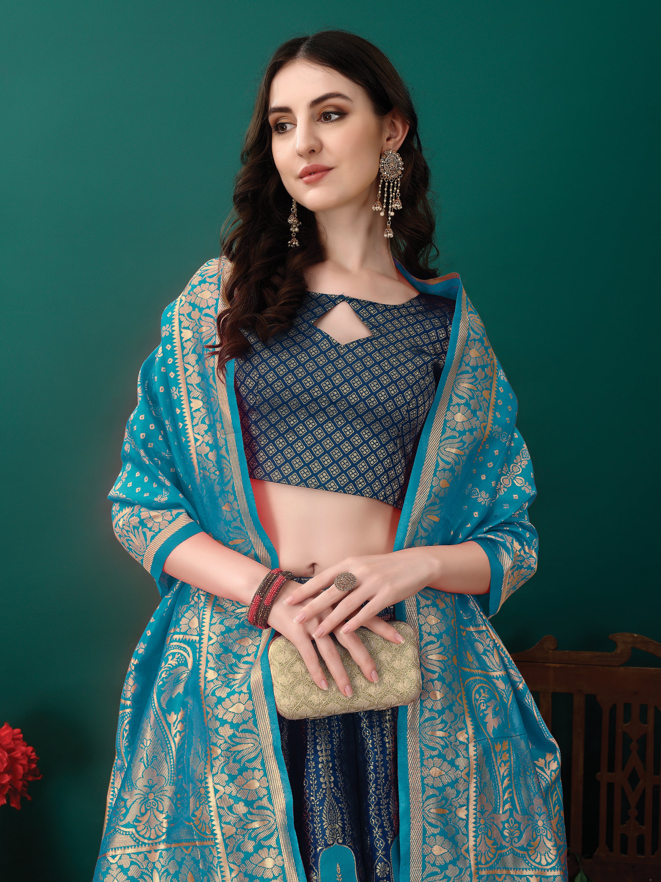 Navy Lehenga With Contrast Border