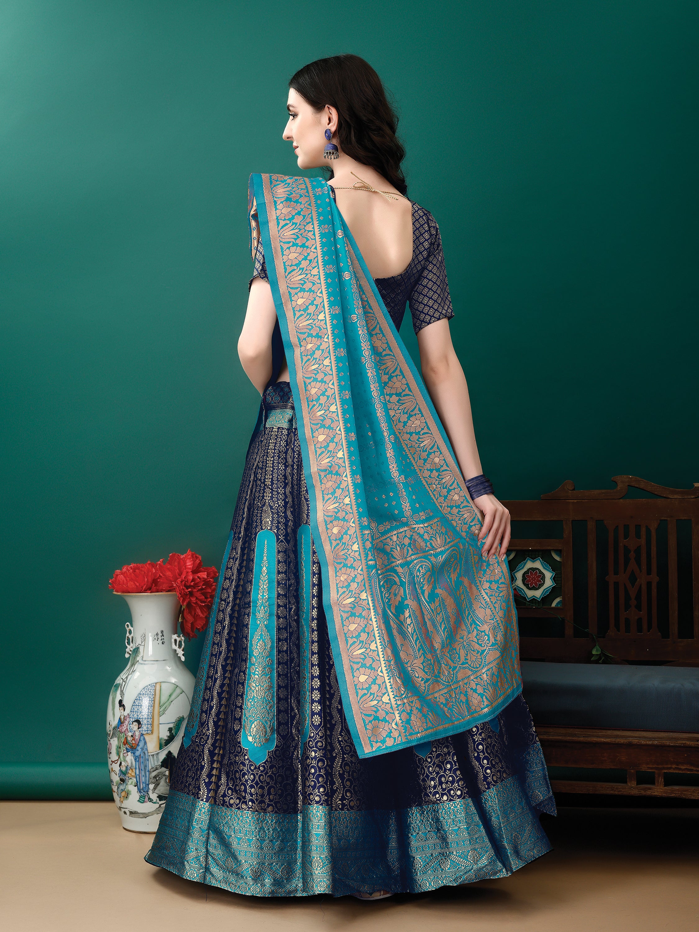 Navy Lehenga With Contrast Border