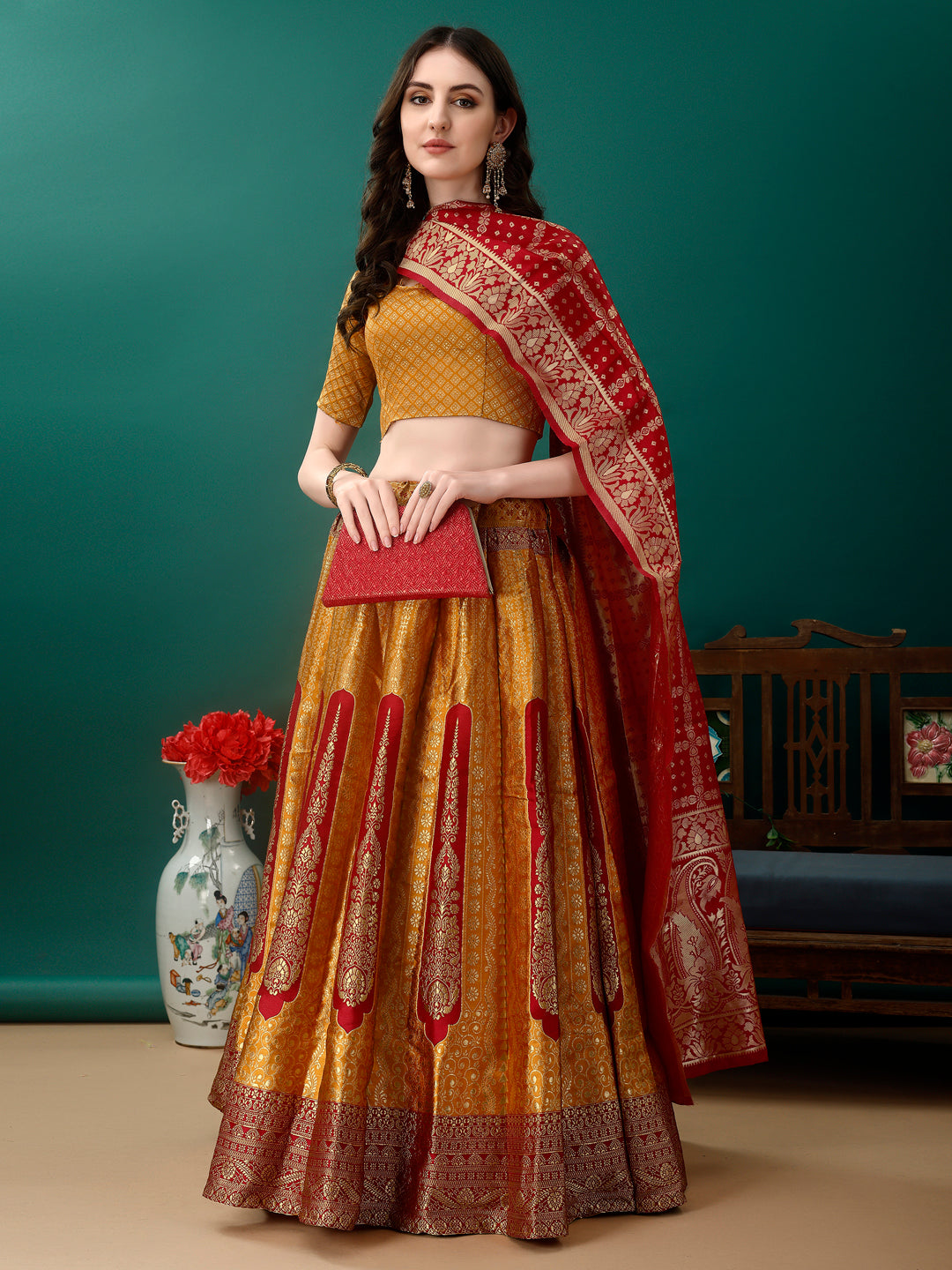 Mustard Lehenga With Contrast Border