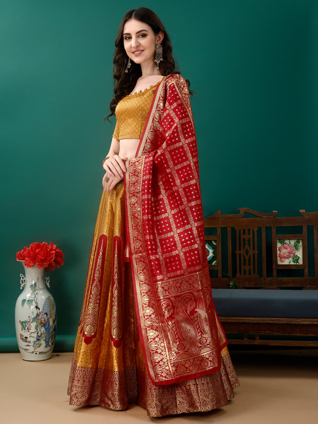 Mustard Lehenga With Contrast Border