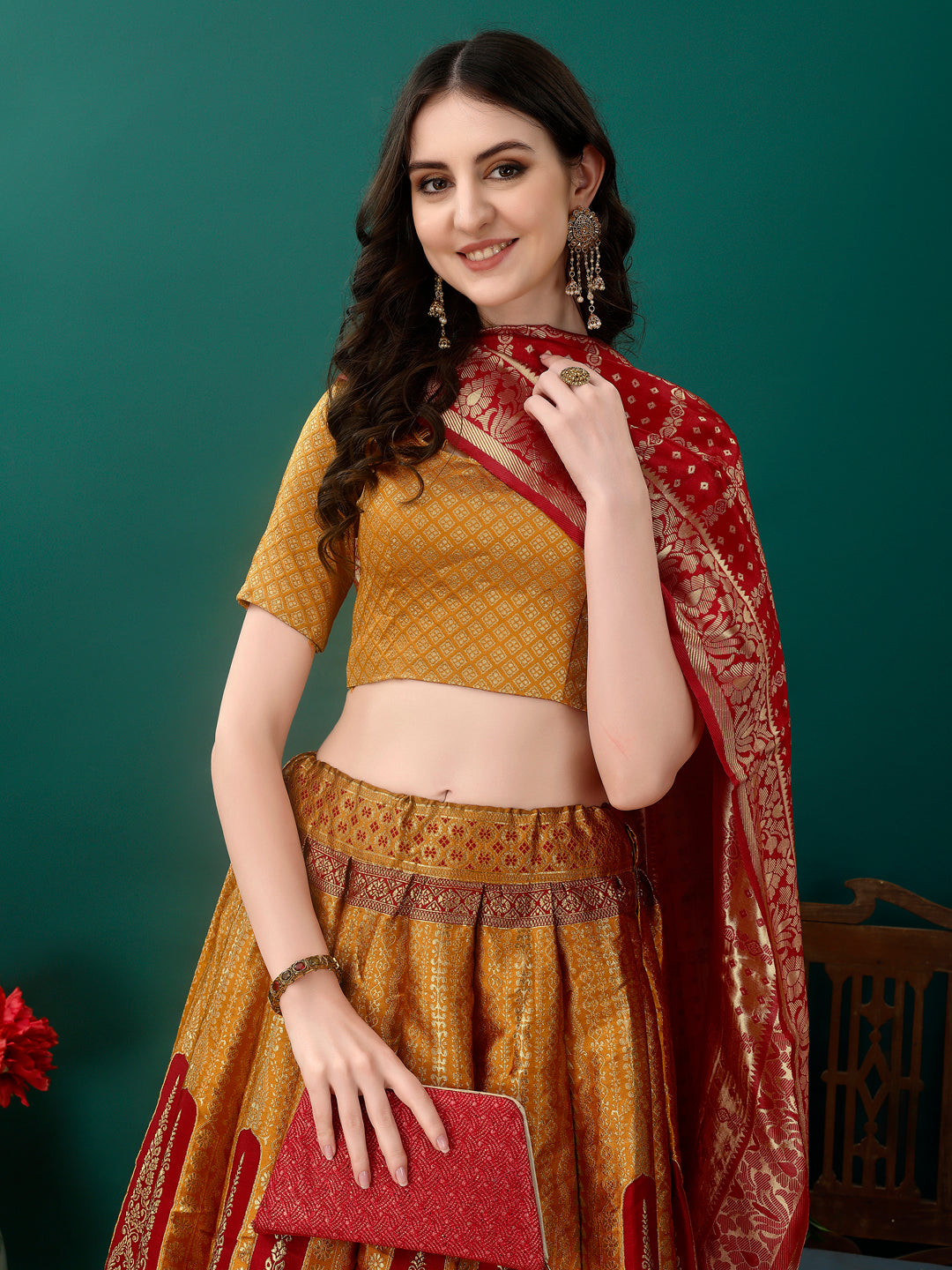 Mustard Lehenga With Contrast Border