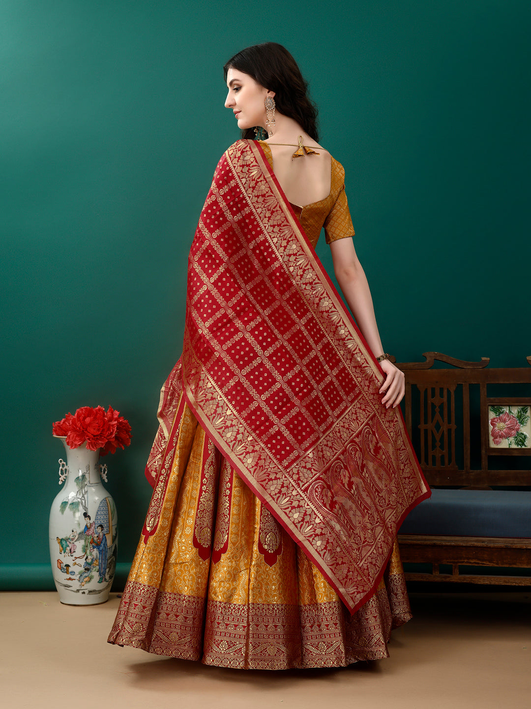 Mustard Lehenga With Contrast Border
