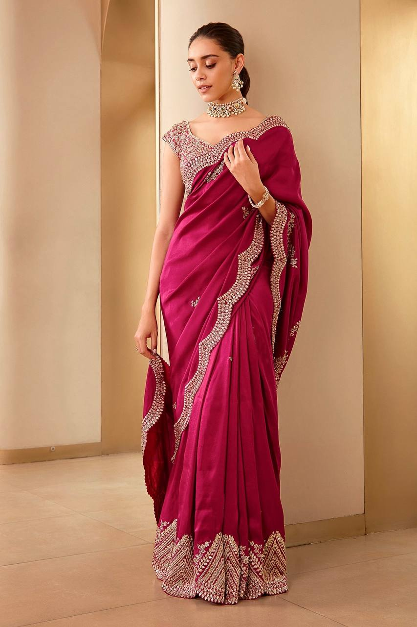 Rani Pink Embroidery Work Saree