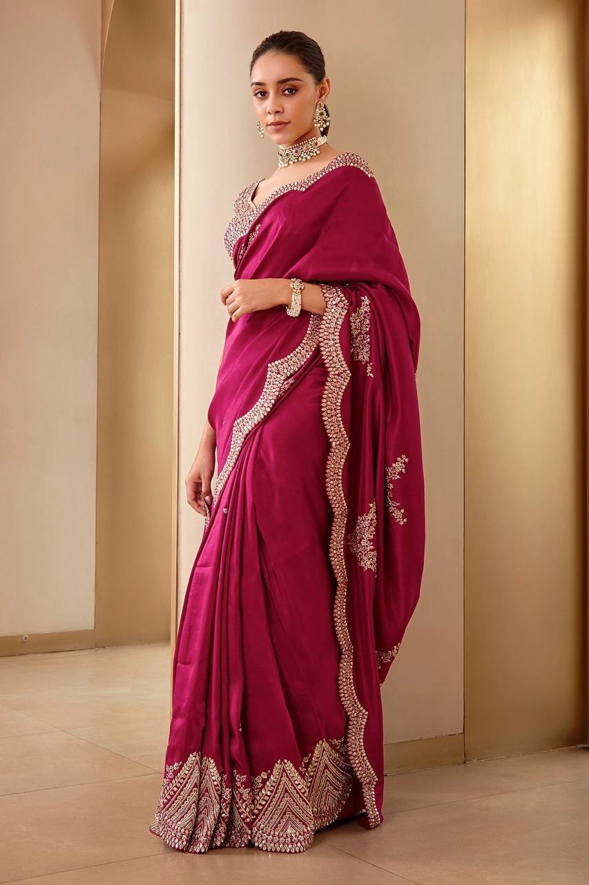 Rani Pink Embroidery Work Saree