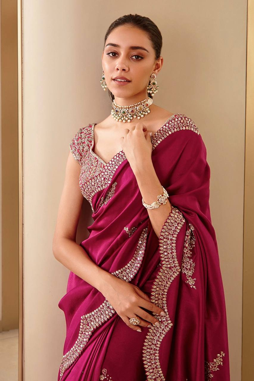 Rani Pink Embroidery Work Saree