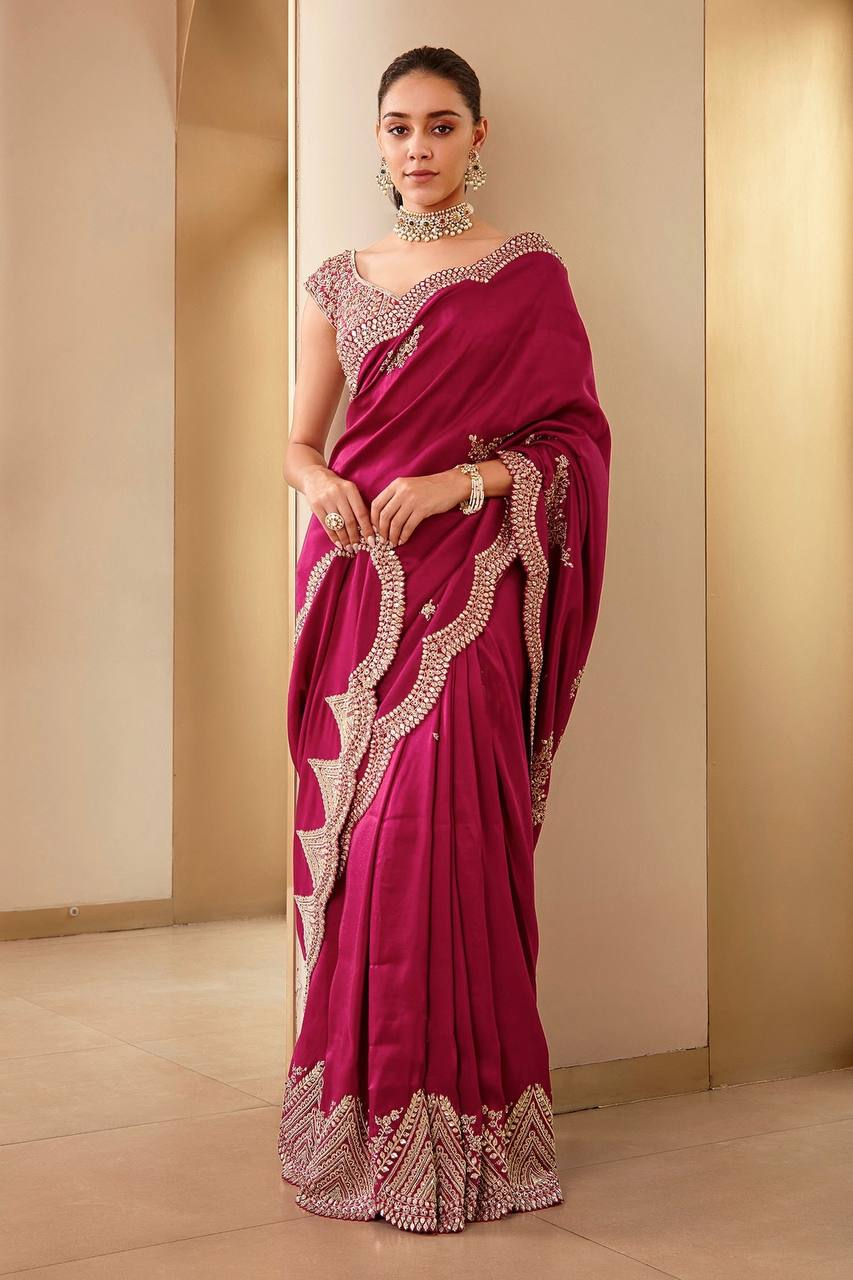 Rani Pink Embroidery Work Saree