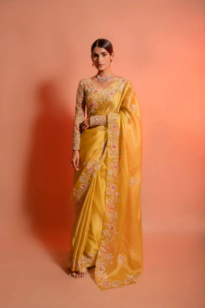 Yellow Embroidery Work Saree