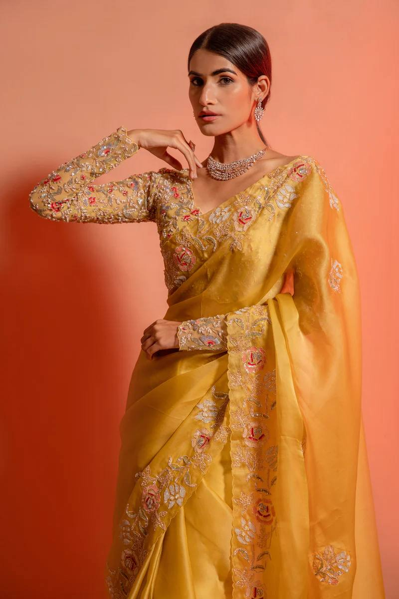 Yellow Embroidery Work Saree