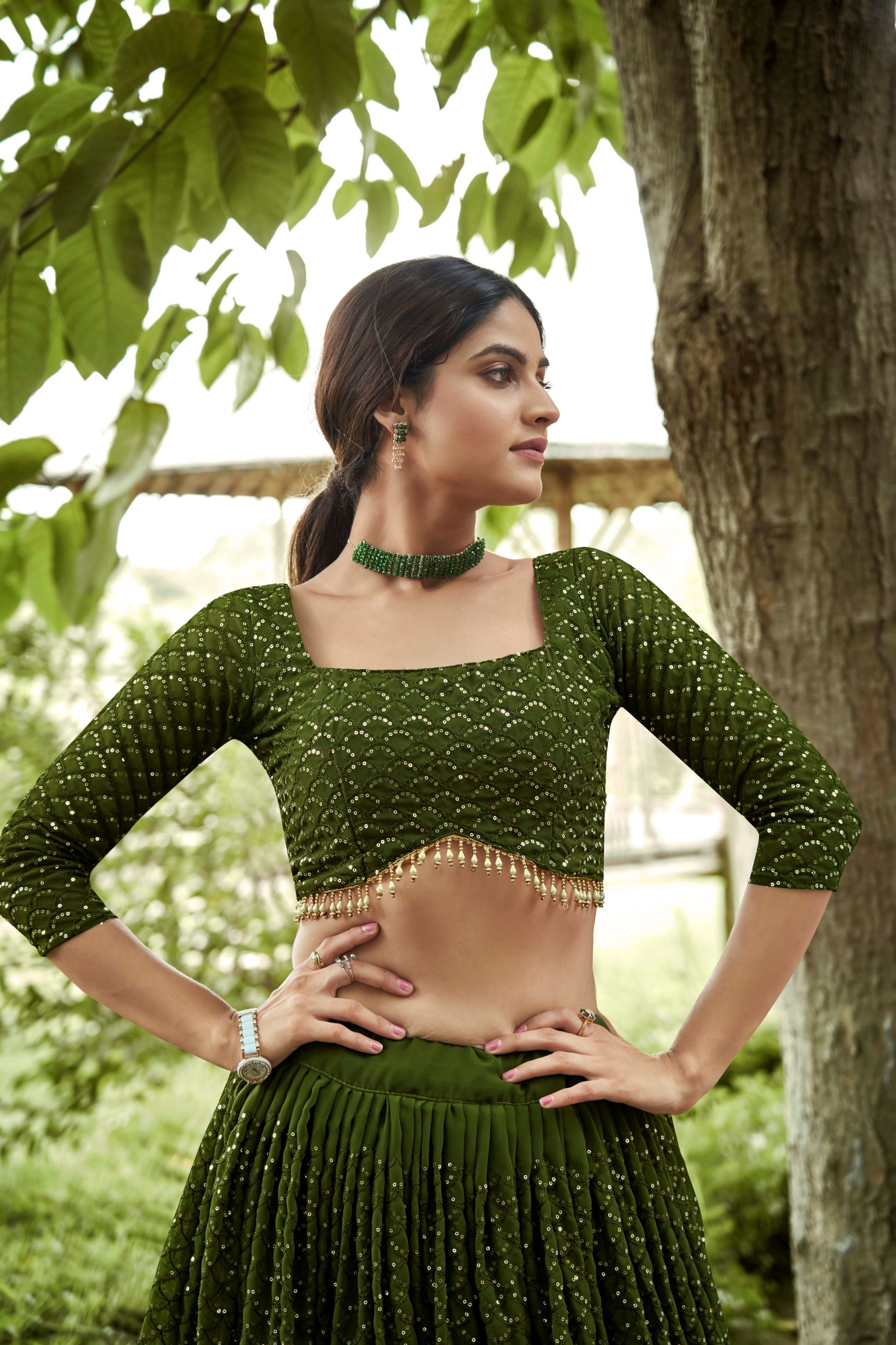 Olive Embroidered Lehenga