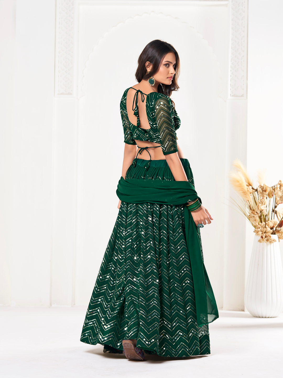 Green Shevron Sequin Embroidery Lehenga