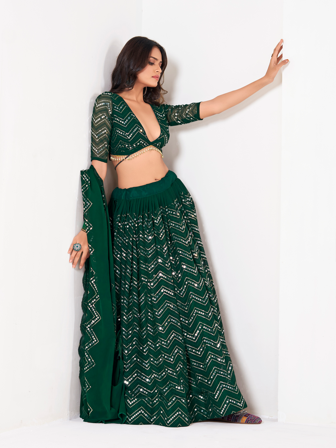 Green Shevron Sequin Embroidery Lehenga