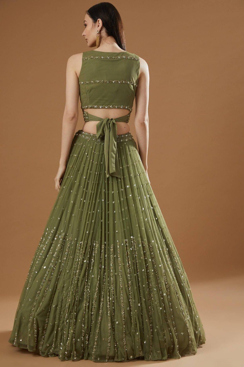 Olive Zari Mirror Work Lehenga