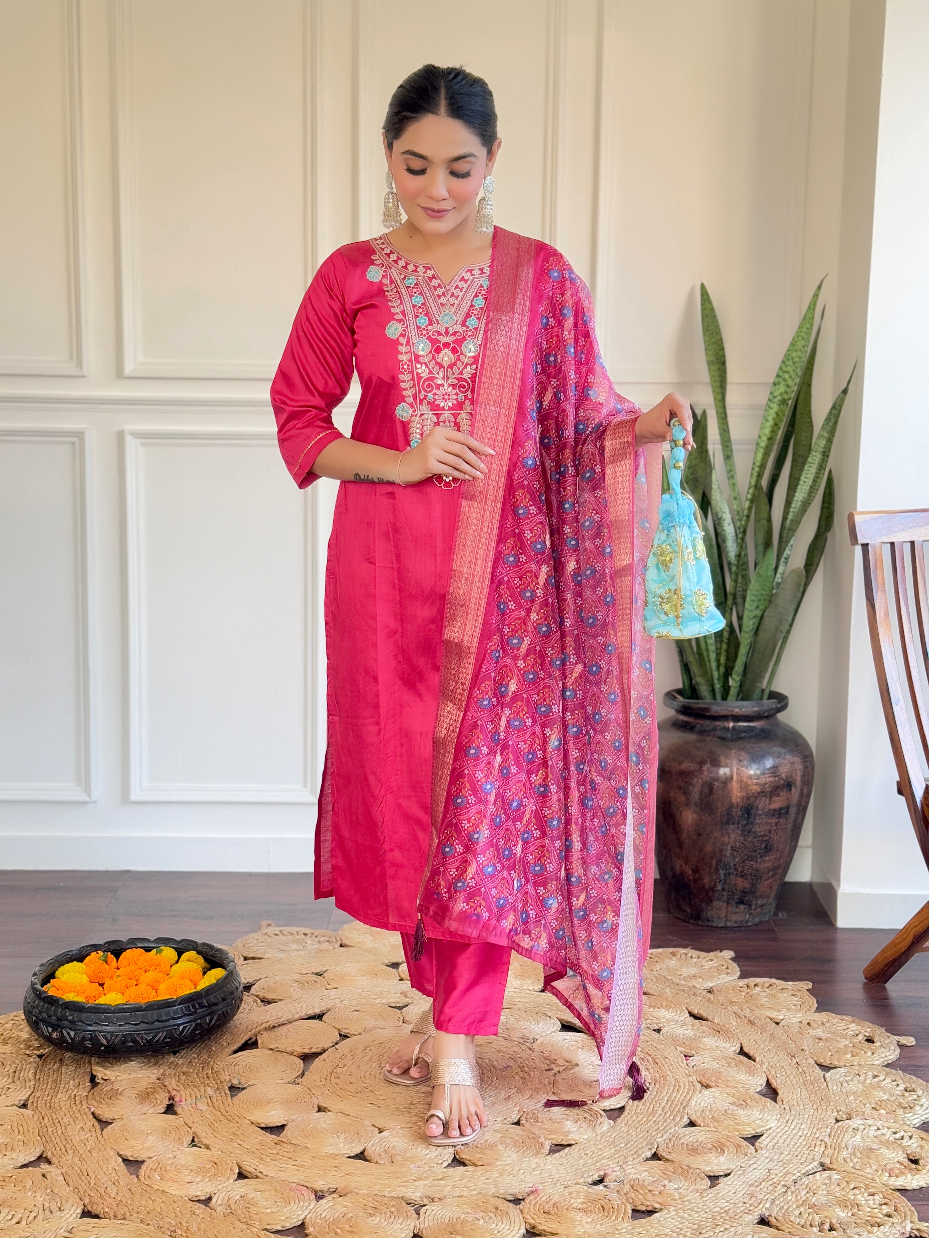 Pink Chanderi Embroidered Kurta
