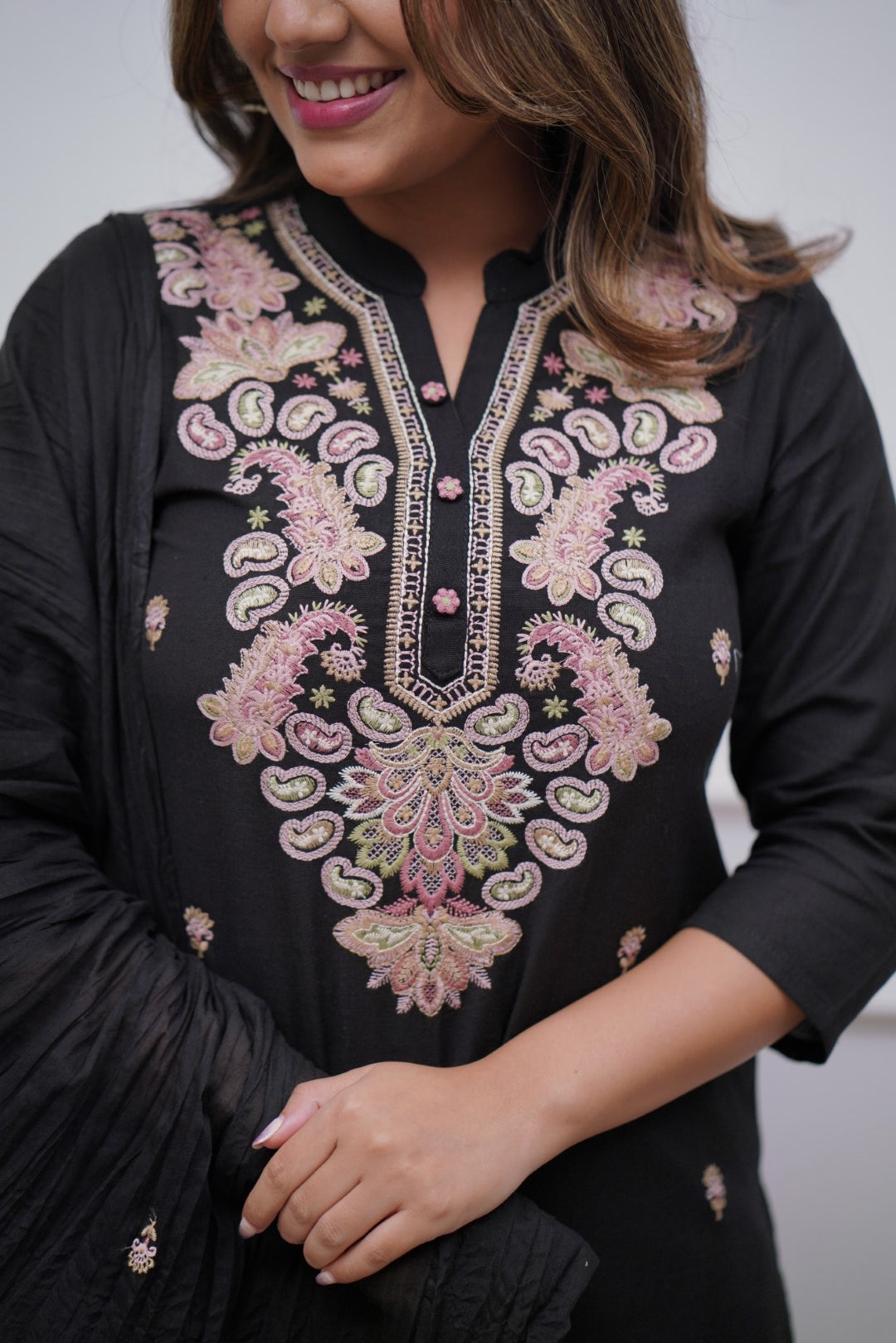 Black Embroidered Straight Kurta Set