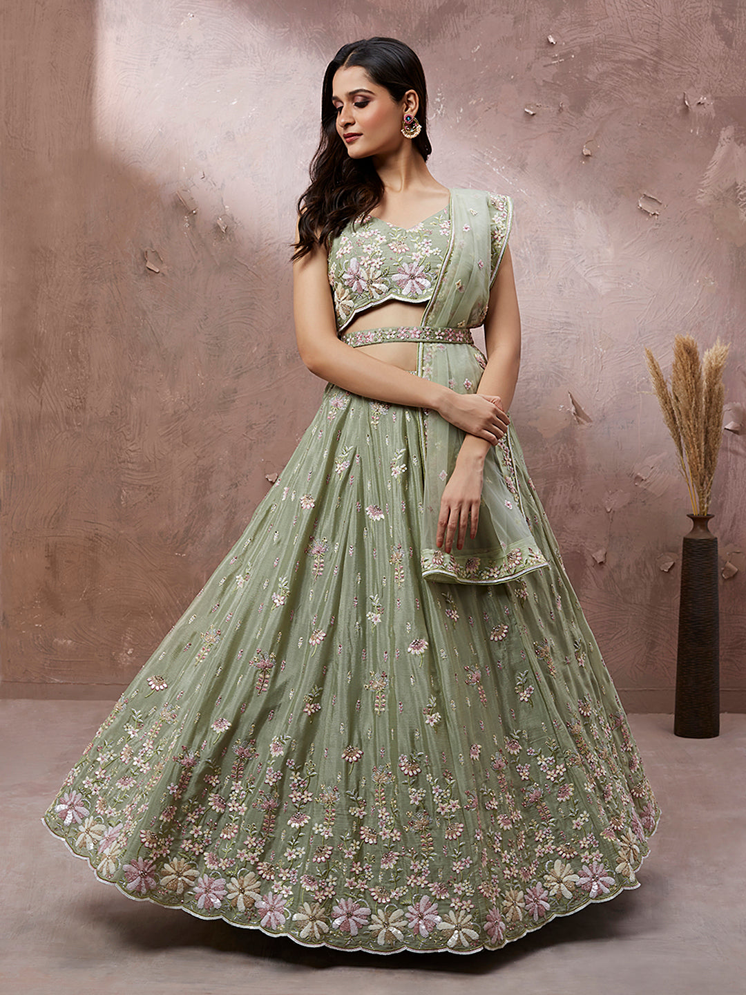 Lime Green Pure Georgette Sequins with heavy Zarkan embroidery Lehenga Set
