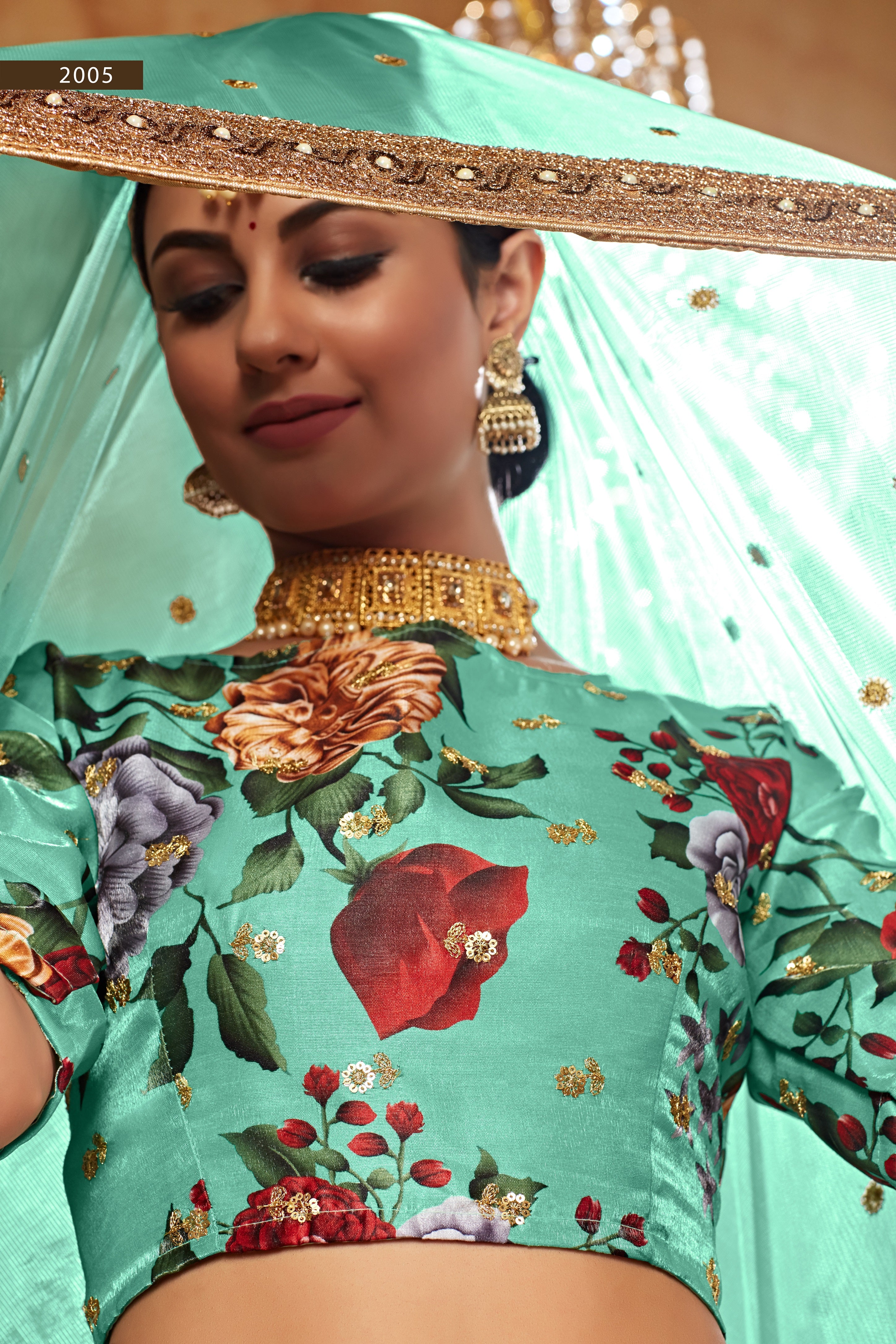 Green Digital Print Embroidered Lehenga set