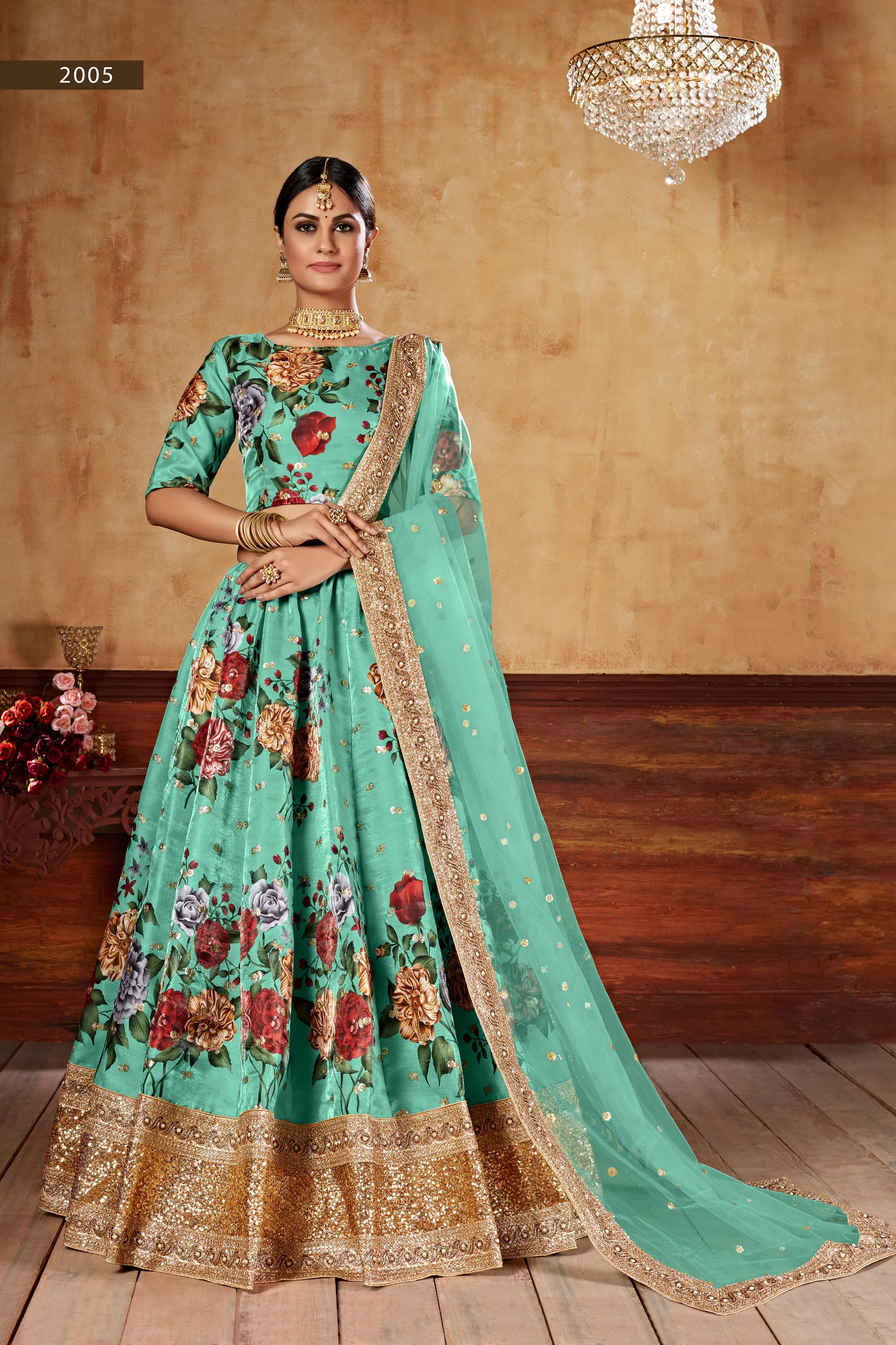 Green Digital Print Embroidered Lehenga set