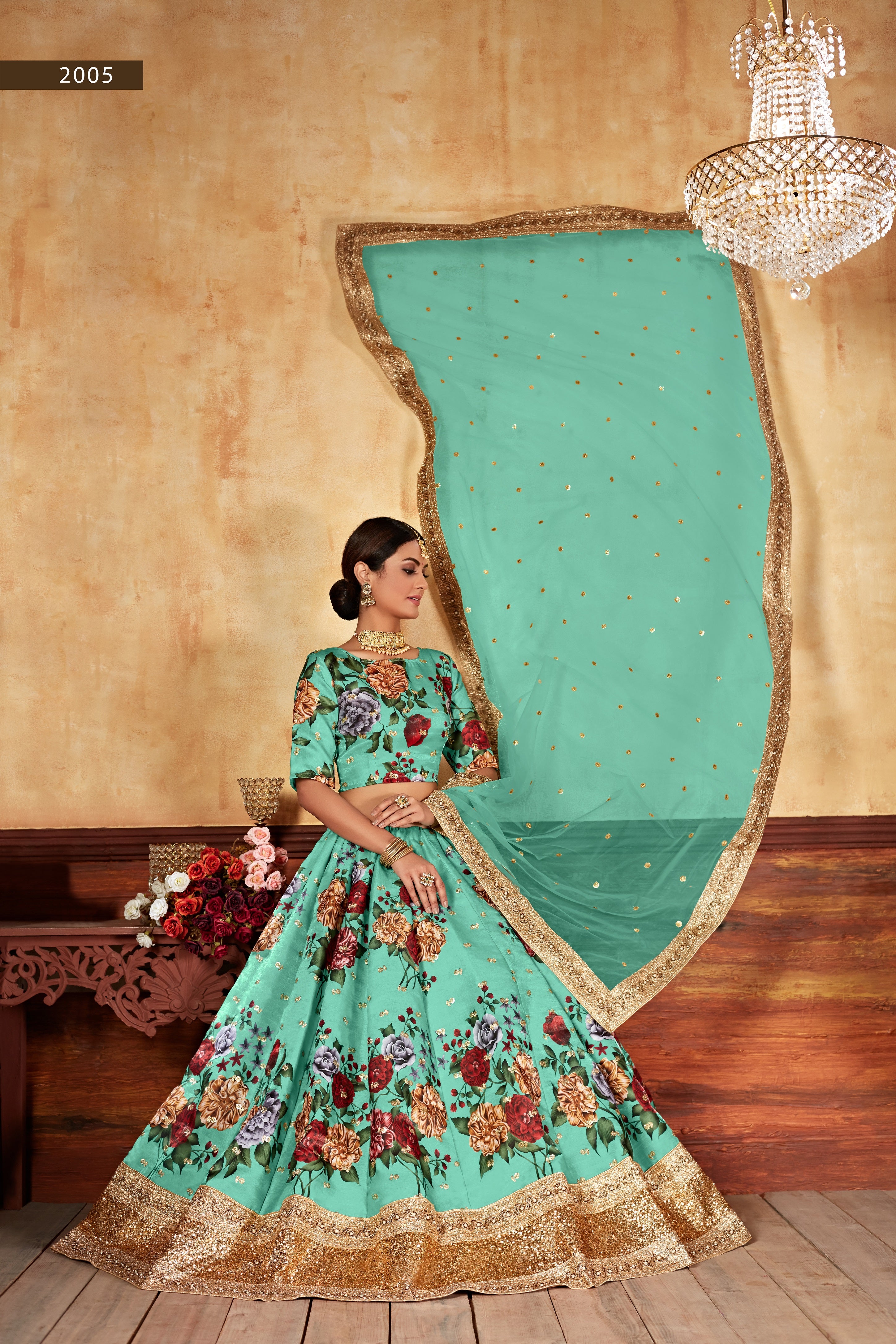 Green Digital Print Embroidered Lehenga set