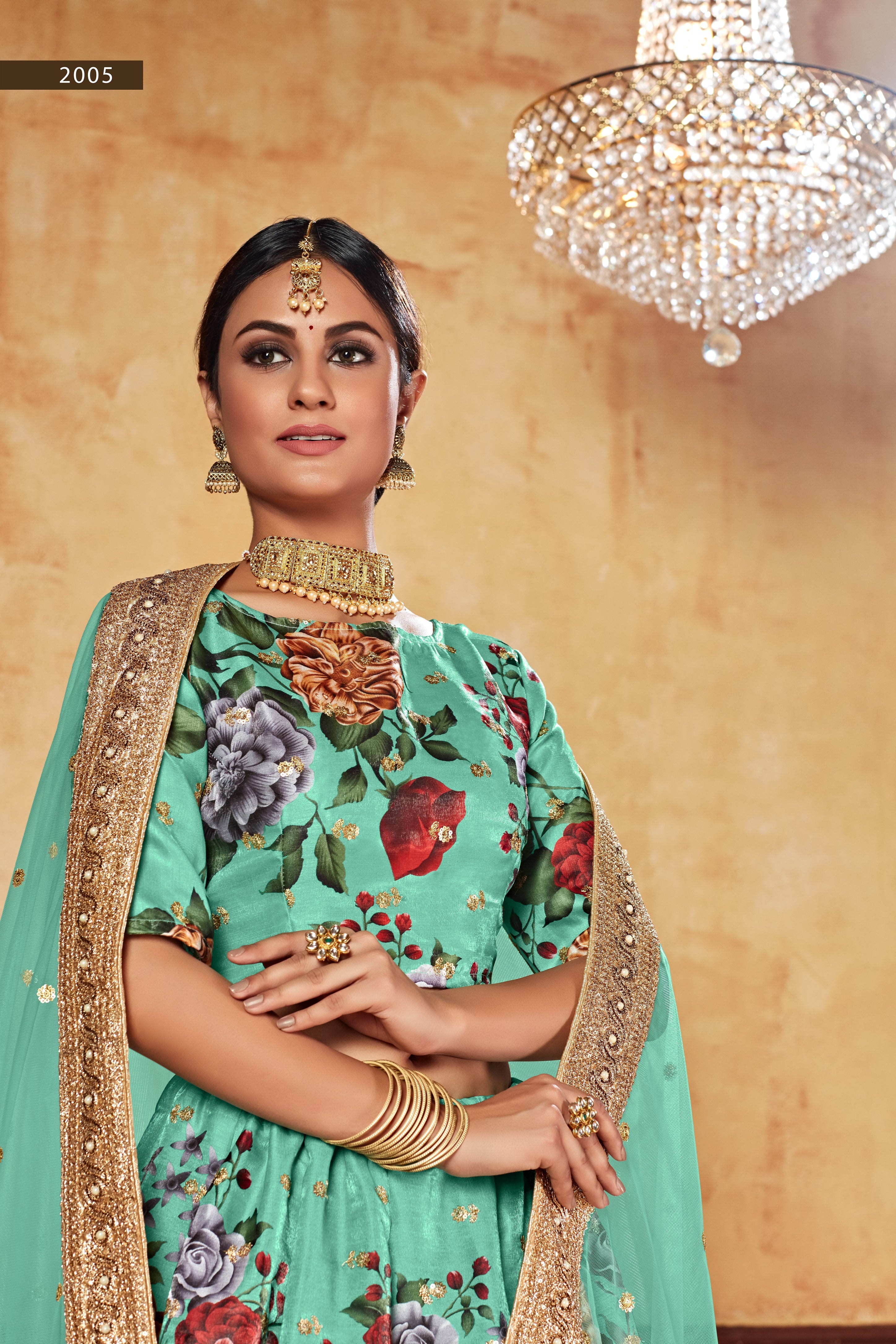 Green Digital Print Embroidered Lehenga set