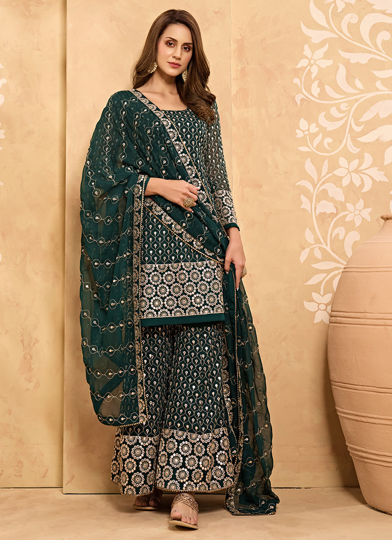 Green Georgette Kurta Set With Embroidery - Sequins, Matti And Zari Embroidery