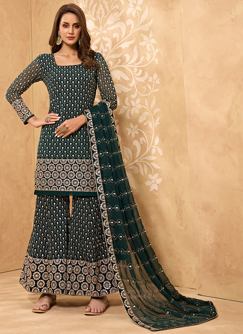 Green Georgette Kurta Set With Embroidery - Sequins, Matti And Zari Embroidery