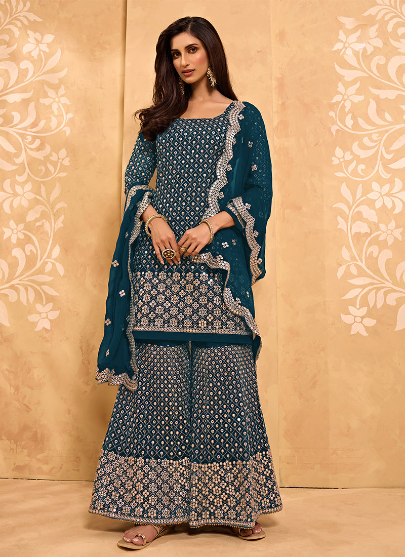 AegeanBlue Georgette Kurta Set With Embroidery - Sequins, Matti And Ari Embroidery