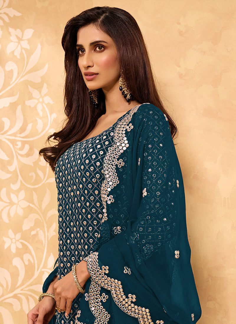 AegeanBlue Georgette Kurta Set With Embroidery - Sequins, Matti And Ari Embroidery