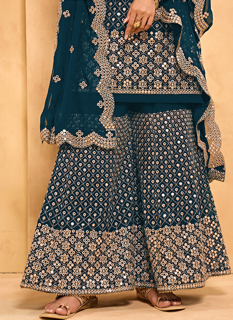 AegeanBlue Georgette Kurta Set With Embroidery - Sequins, Matti And Ari Embroidery
