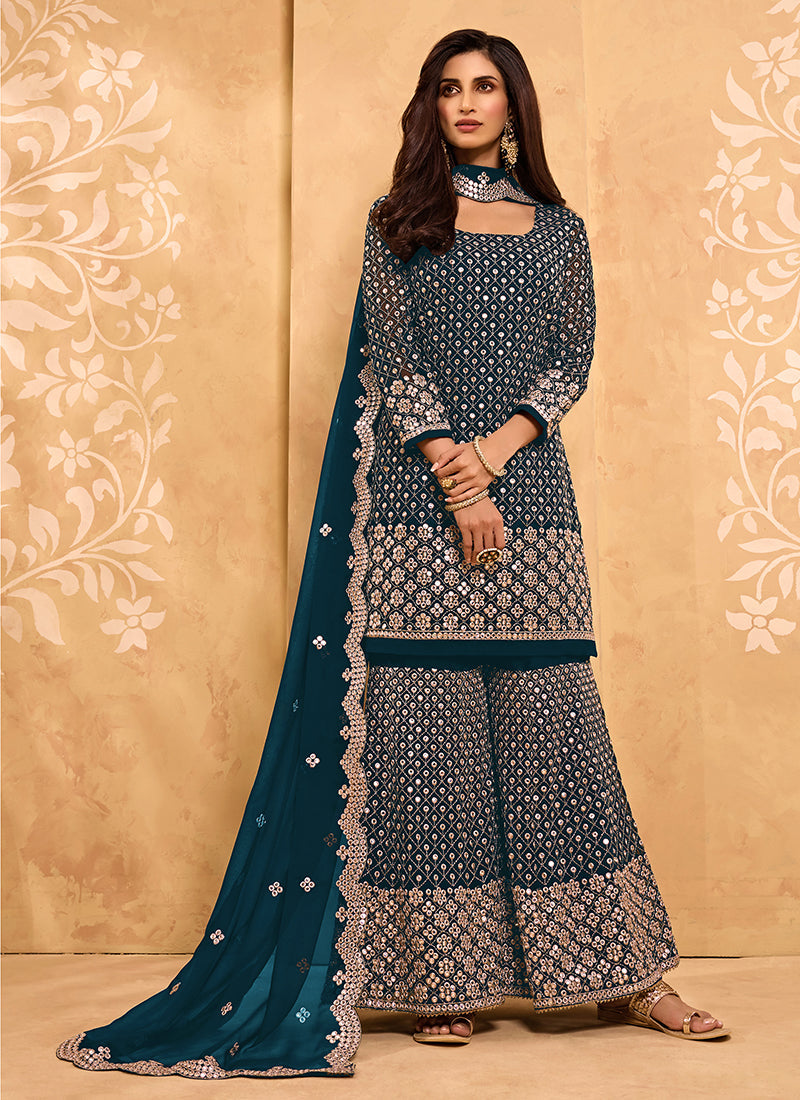 AegeanBlue Georgette Kurta Set With Embroidery - Sequins, Matti And Ari Embroidery